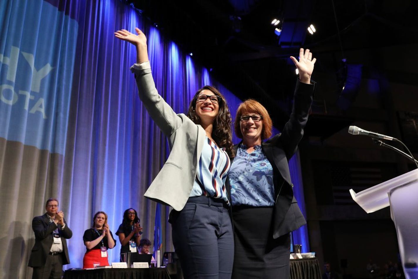 Gubernatorial candidate state Rep. Erin Murphy waved along with her newly announced running mate state Rep. Erin Maye Quade during the DFL State Convention on Sunday.