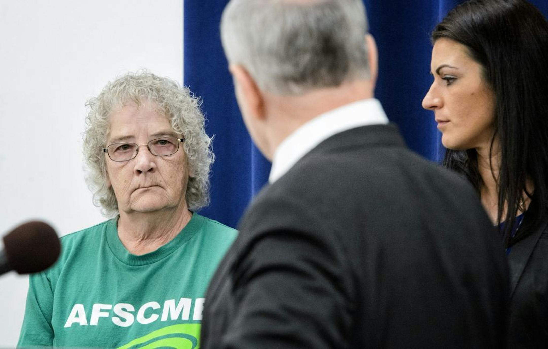 Governor Mark Dayton thanked nurses Jackie Spanjers, left, and Anne Mehltretter after they spoke about dangerous conditions that they and other nurses have to work under at the Anoka-Metro Regional Treatment Center.