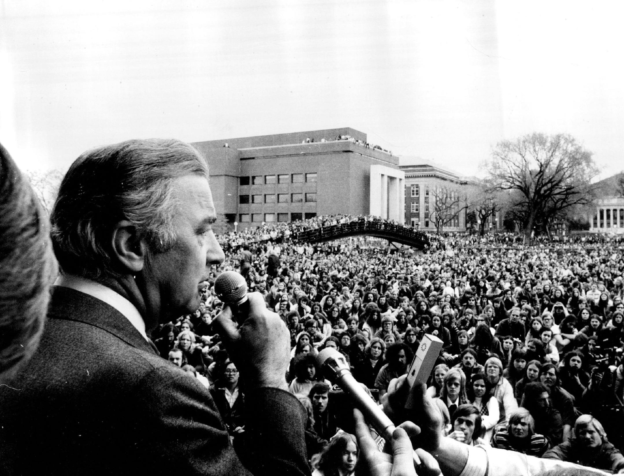 May 12, 1972 An estimated 10,000 persons heard former Sen. Eugene McCarthy speak at 2 p.m. in front of Coffman Union. Doctors at the University of Minnesota Hospitals expressed concern Thursday at the high,percentage of head injuries suffered by demonstrators on the campus Wednesday and urged police to aim their riot sticks lower. The hospital's emergency-room staff treated 17 demonstrators Wednesday, 11 of them for head injuries. May 11, 1972 Earl Seubert, Minneapolis Sunday Tribune ORG XMIT: M