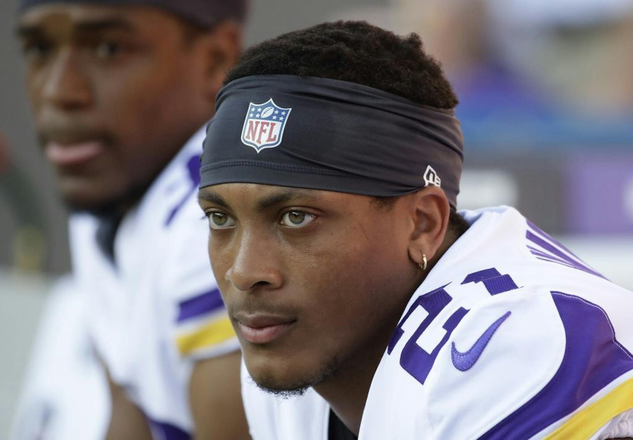 Minnesota Vikings cornerback Mike Hughes watches during warm ups before an NFL football game against the Denver Broncos Saturday, Aug. 11, 2018, in Denver.
