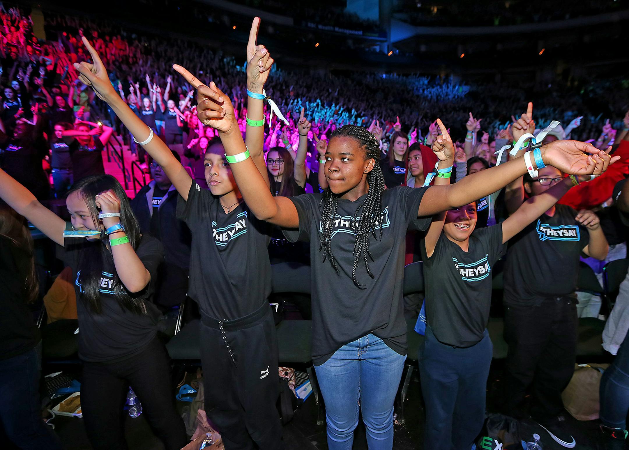 St. Paul City School students joined about 18,000 students from across the state at the Xcel Energy Center for the third annual We Day, Tuesday, October 3, 2015 in St. Paul, MN. It's the year's biggest teen volunteer event. ] (ELIZABETH FLORES/STAR TRIBUNE) ELIZABETH FLORES • eflores@startribune.com