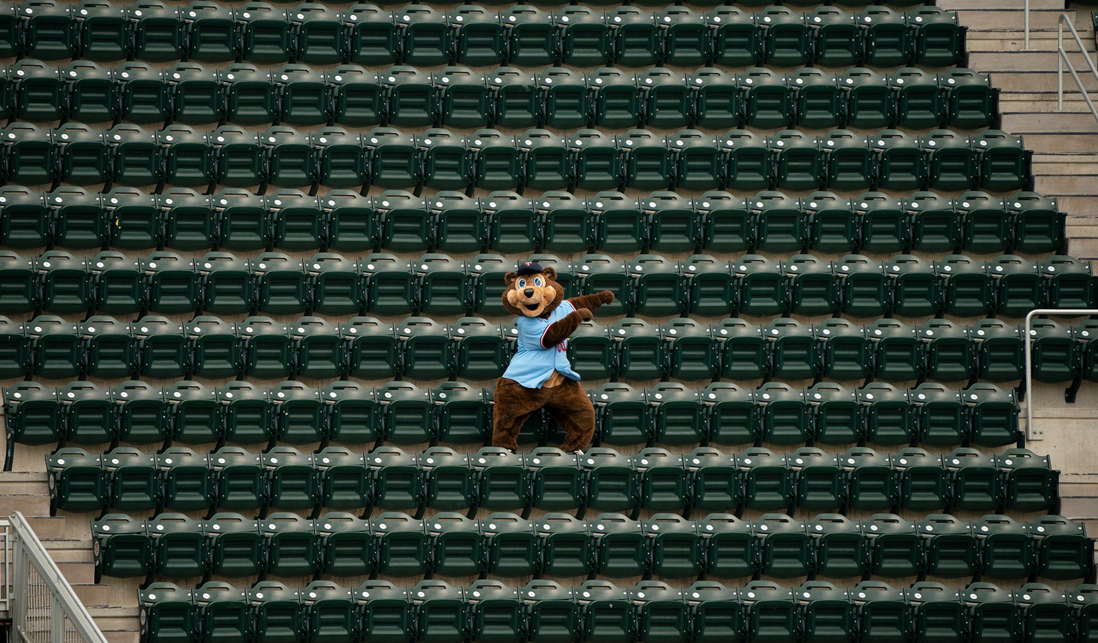 Twins mascot TC Bear danced in the upper deck above center field after the Twins retired the Indians in the eighth inning.