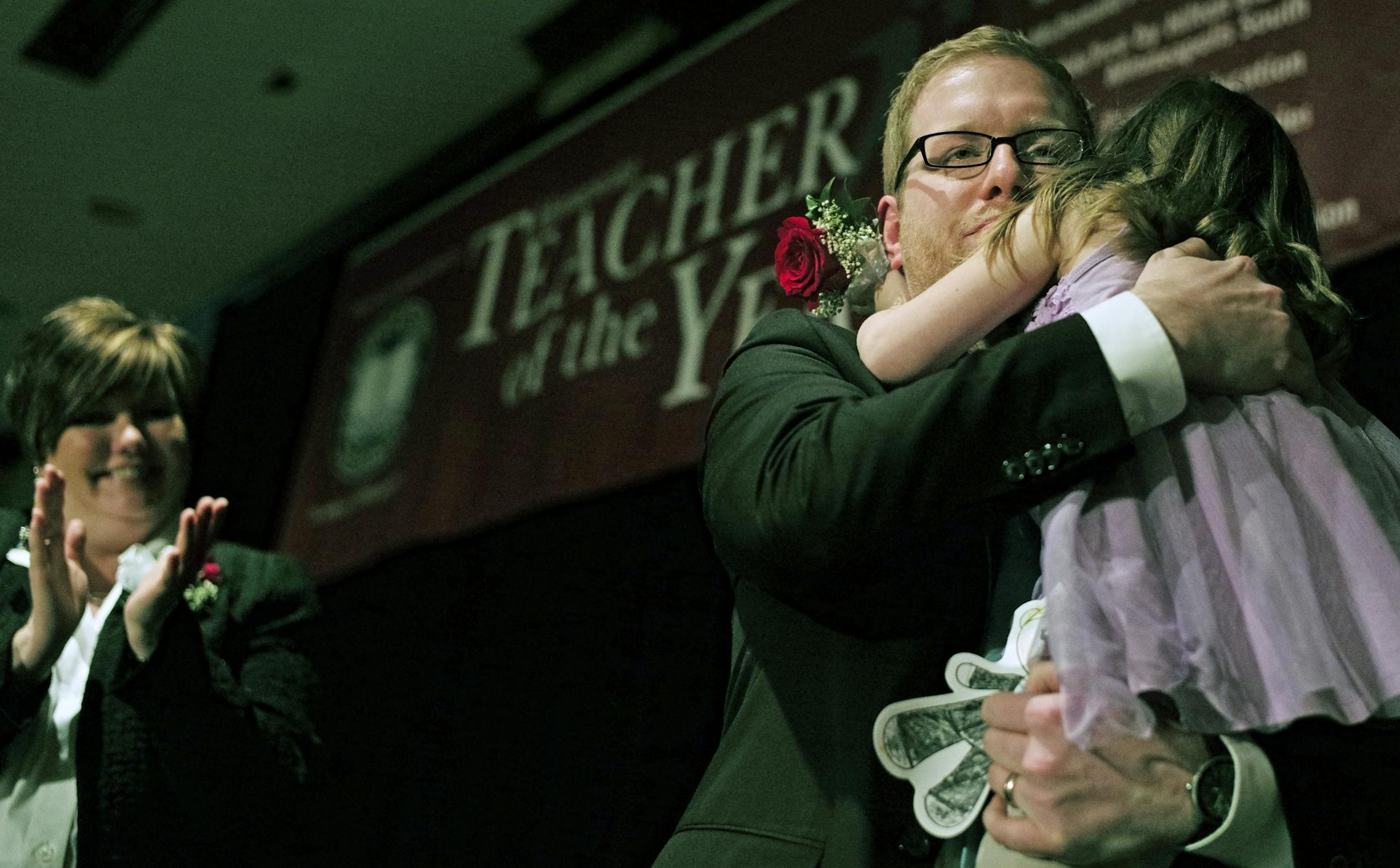 Thomas Rademacher, an English teacher at the FAIR School in the West Metro Education Program, celebrated his MInnesota Teacher of the year award with his daughter, June,3.