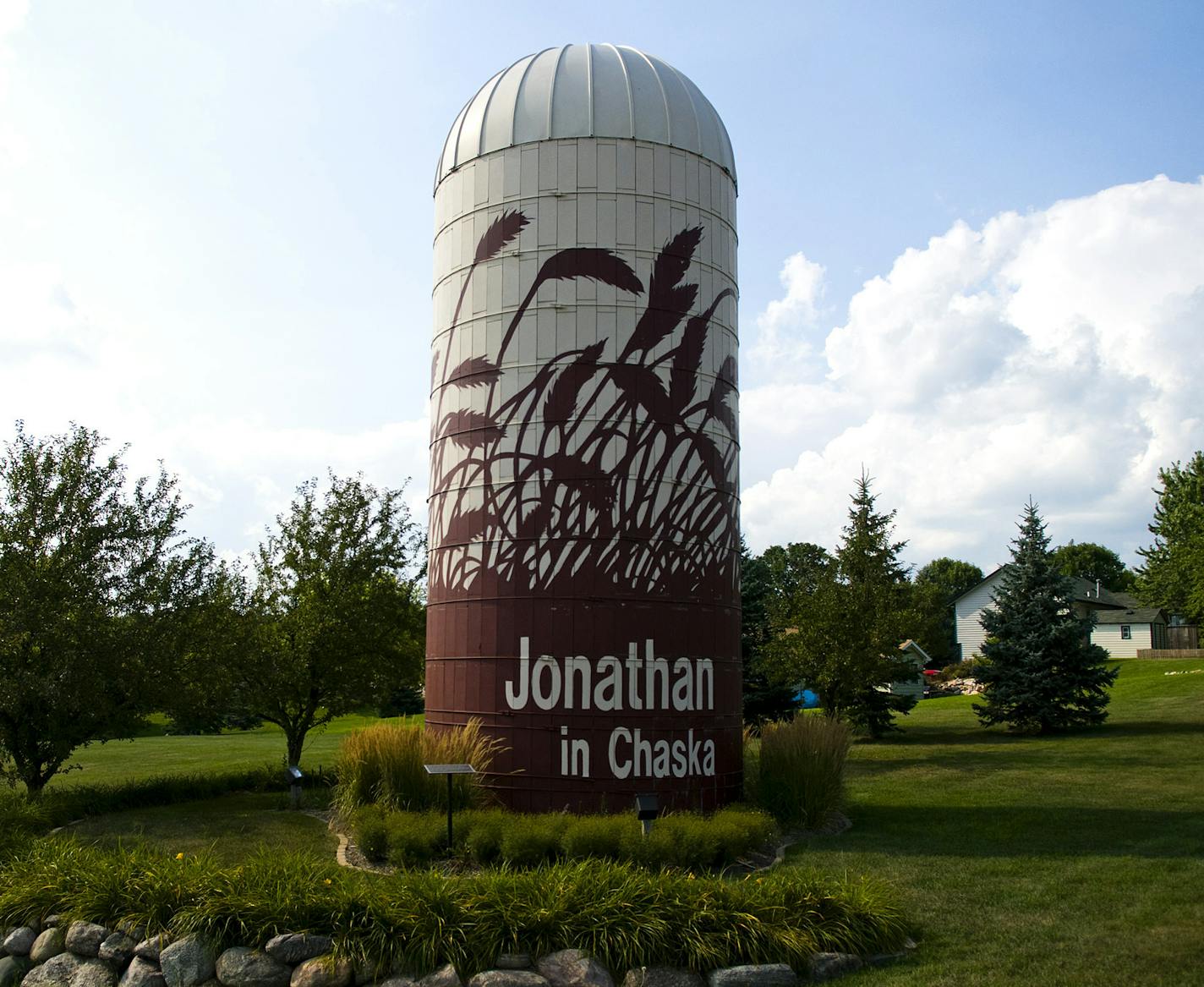 A silo at the intersection of Highway 41 and Hundertmark Road in Chaska was built in 1990 and meant to reflect the earlier silos from the Jonathan community of the 1960s and Chaska's agricultural history. The silo is scheduled to be painted with a new design this summer.