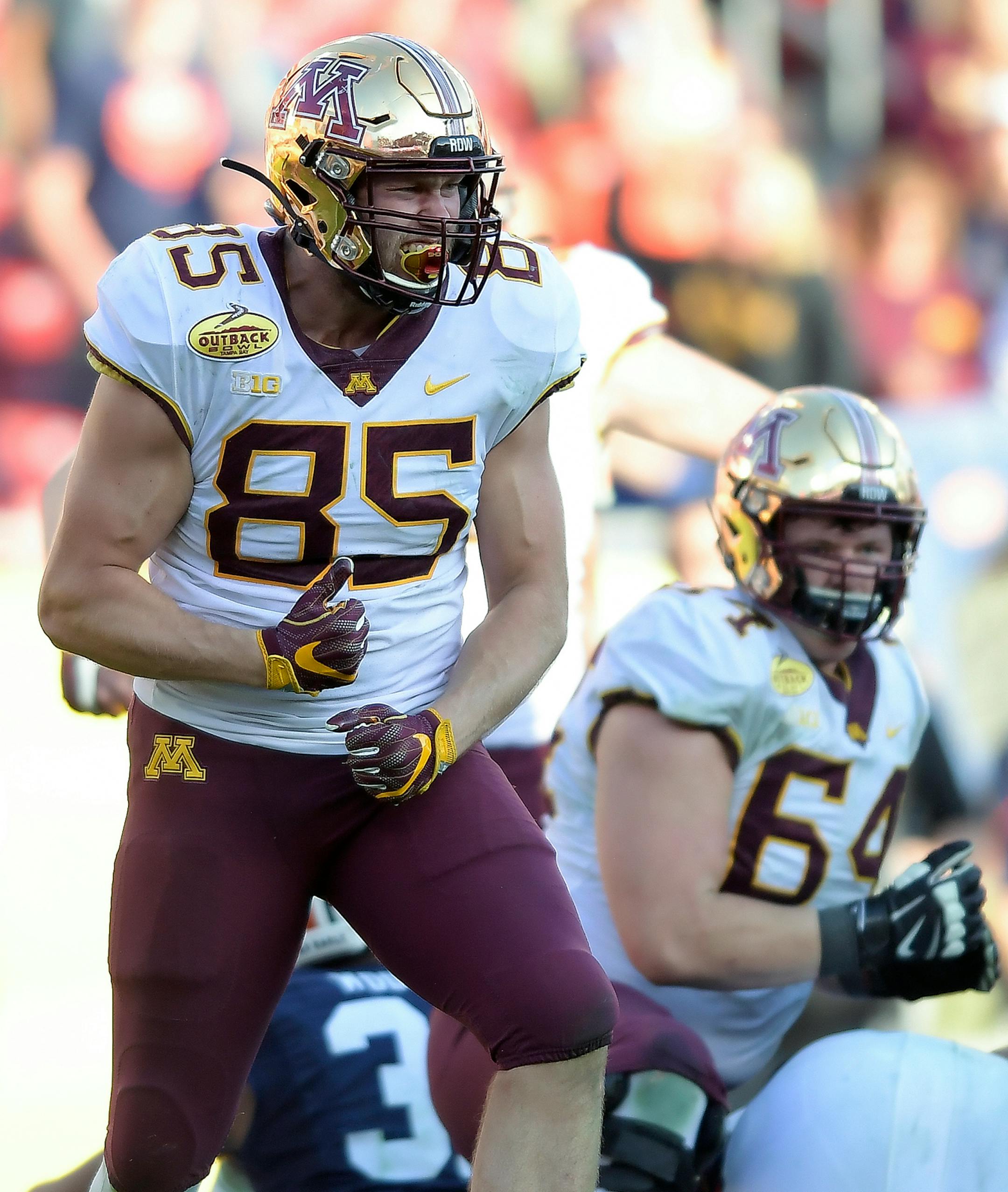Minnesota Gophers tight end Bryce Witham (85) celebrated after a first down late in the fourth quarter, setting the Gophers up or victory formation and a win against the Auburn Tigers.