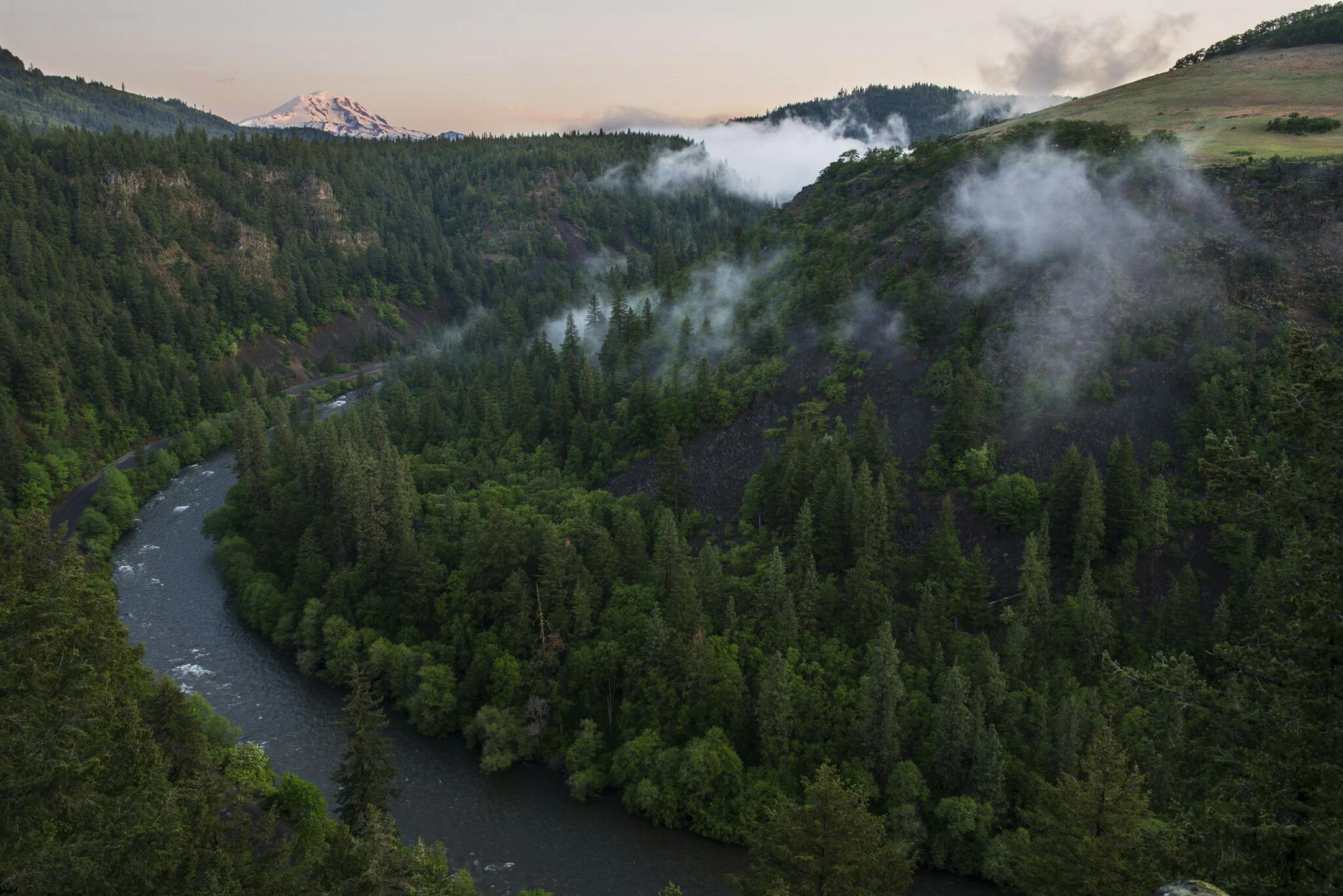 This May 6, 2016, photo shows the Klickitat River, a tributary of the Columbia River and Mt. Adams, top left, near Glenwood, Wash. The Nature Conservancy has created maps identifying key landscapes in the Pacific Northwest most likely to sustain native species amid climate change and is distributing money to protect private lands through use-limiting easements or outright purchases. One of the recipients is the Columbia Land Trust that works to conserve land in the lower Columbia River Basin. (B