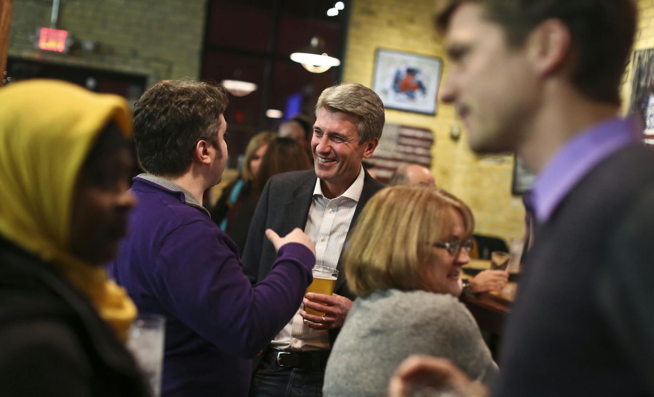 Minneapolis Mayor R.T. Rybak arrived at 612 Brew ahead of Betsy Hodges and chatted with supporters as they awaited the candidate and the results of the day&#x2019;s counting.