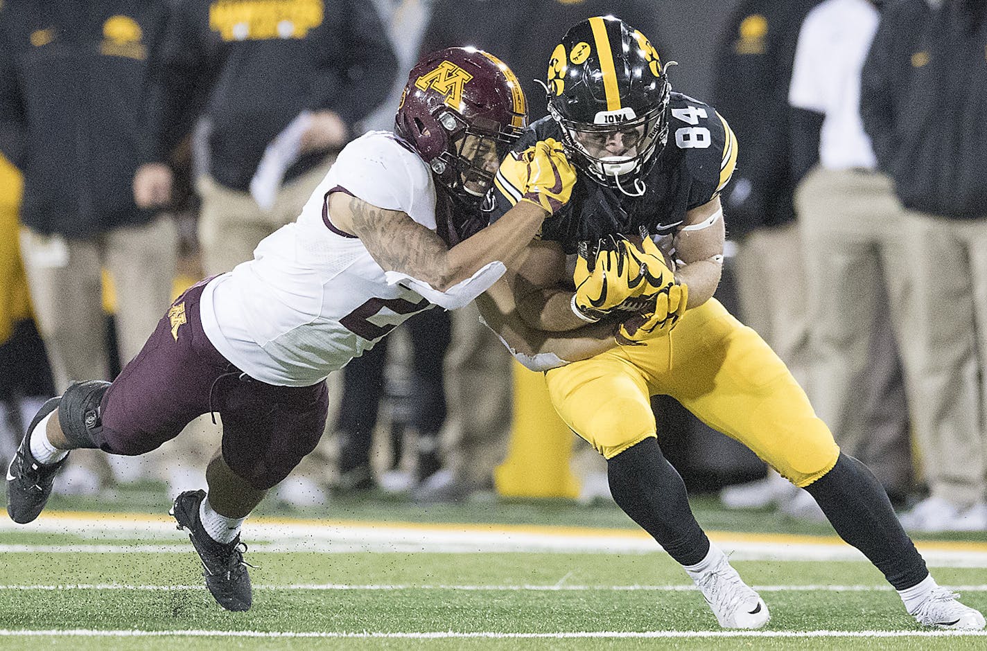 Minnesota's defensive back Jacob Huff stopped Iowa's wide receiver Nick Easley in the fourth quarter as Minnesota took on the Iowa Hawkeyes at Kinnick Stadium, Saturday, October 28, 2017 in Iowa City, IA. ] ELIZABETH FLORES &#xef; liz.flores@startribune.com