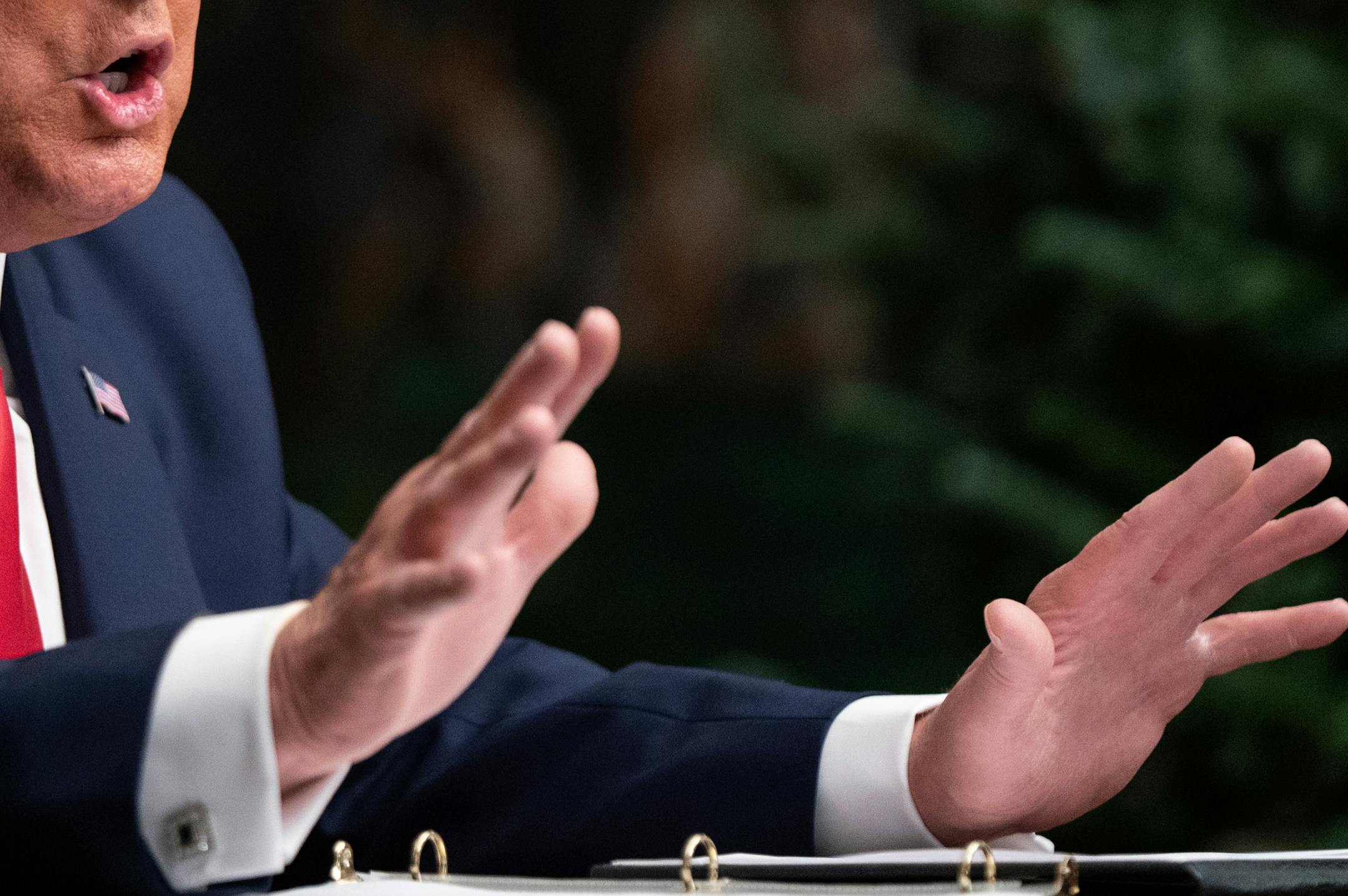 President Donald Trump speaks to reporters in the Diplomatic Room of the White House on Thanksgiving in Washington, Nov. 26.
