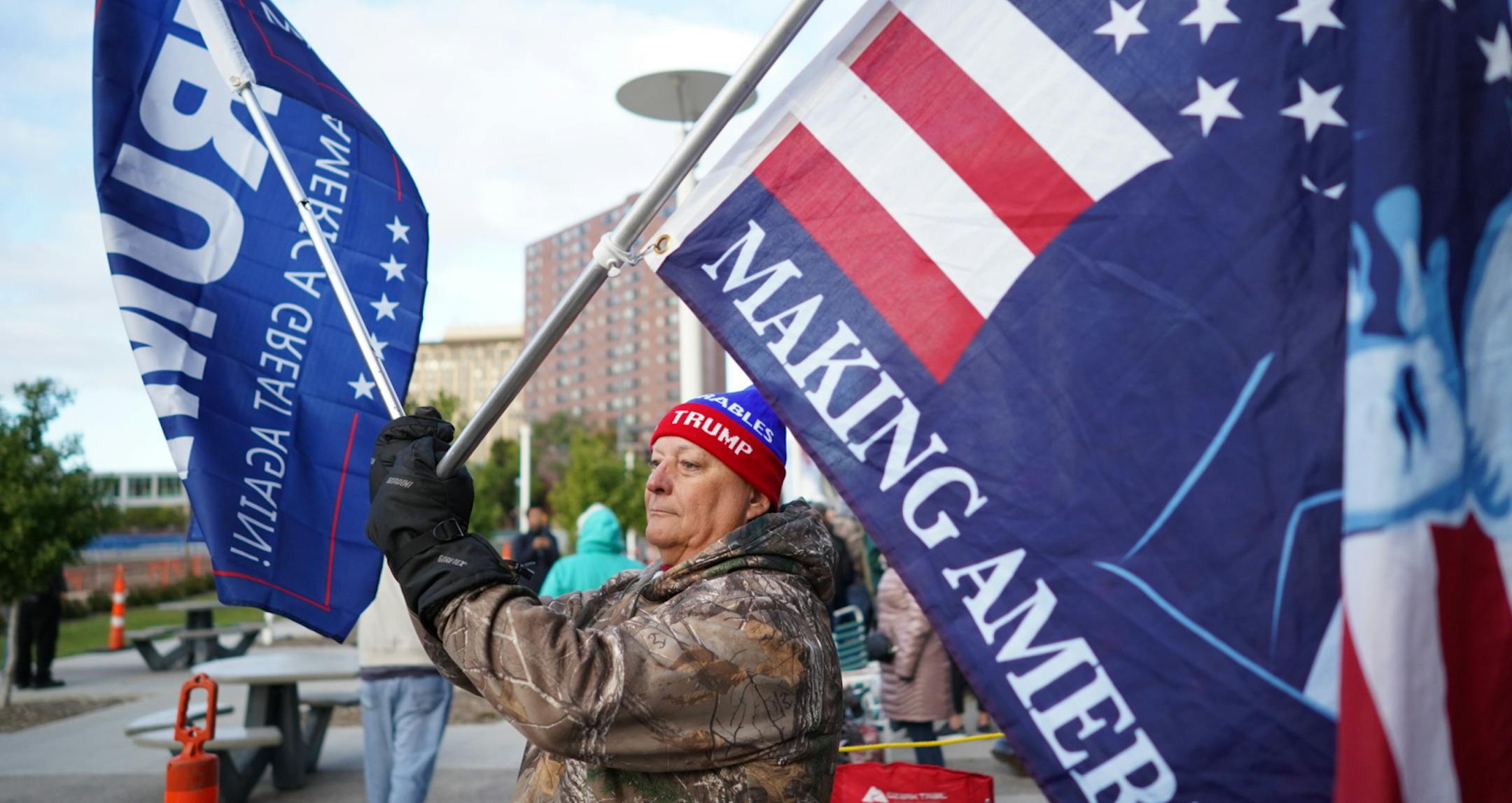 Stan Thom, of Big Lake, Minn., drove 120 miles Thursday morning to see President Trump speak at 6:30 p.m. He arrived in Rochester at 7 a.m. ] MARK VANCLEAVE • mark.vancleave@startribune.com