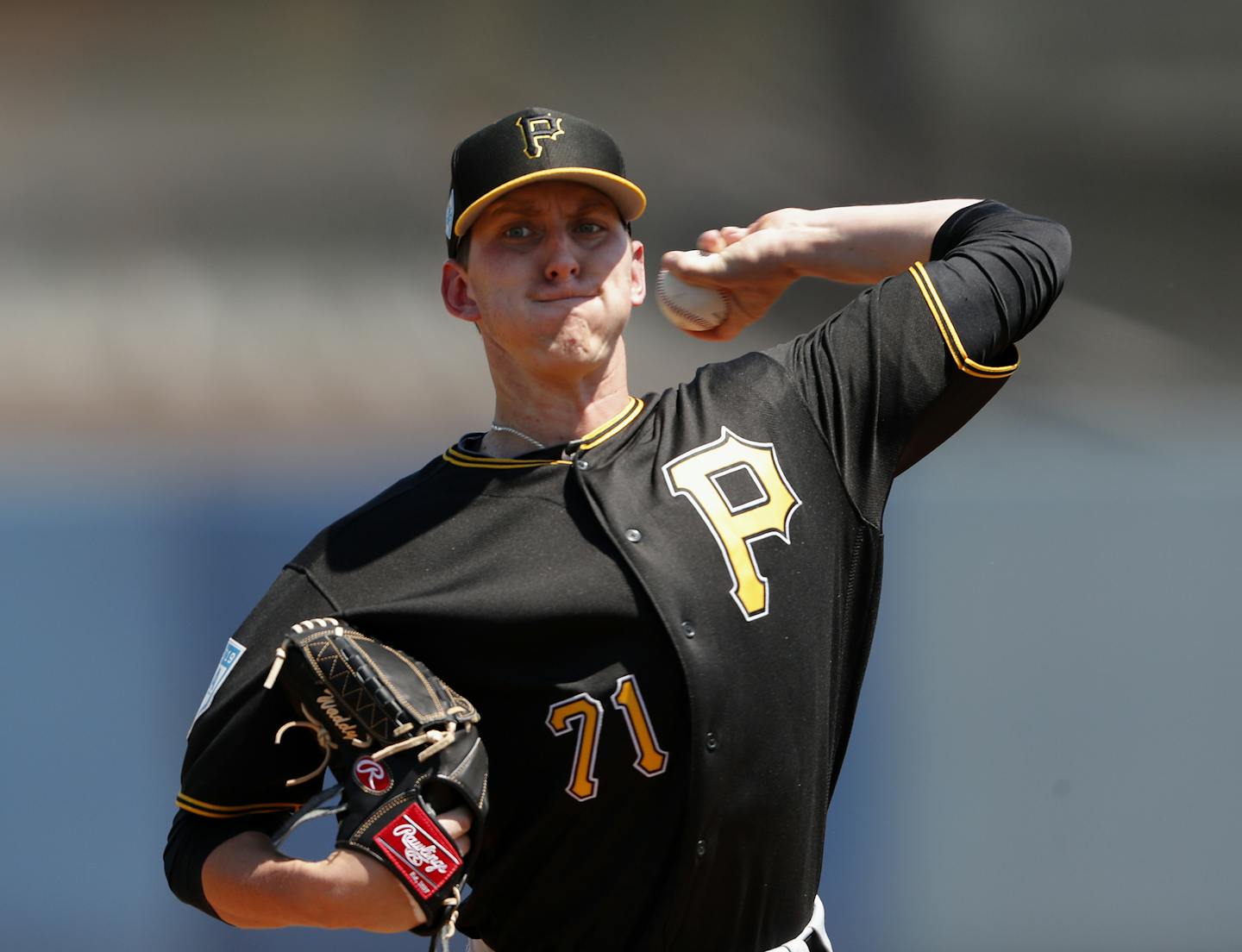 Pittsburgh Pirates starter Brandon Waddell warms up before facing Tampa Bay Rays in a spring training baseball game Friday, March 22, 2019, in Port Charlotte, Fla. Tampa Bay won 3-2. (AP Photo/John Bazemore) ORG XMIT: GAJB101