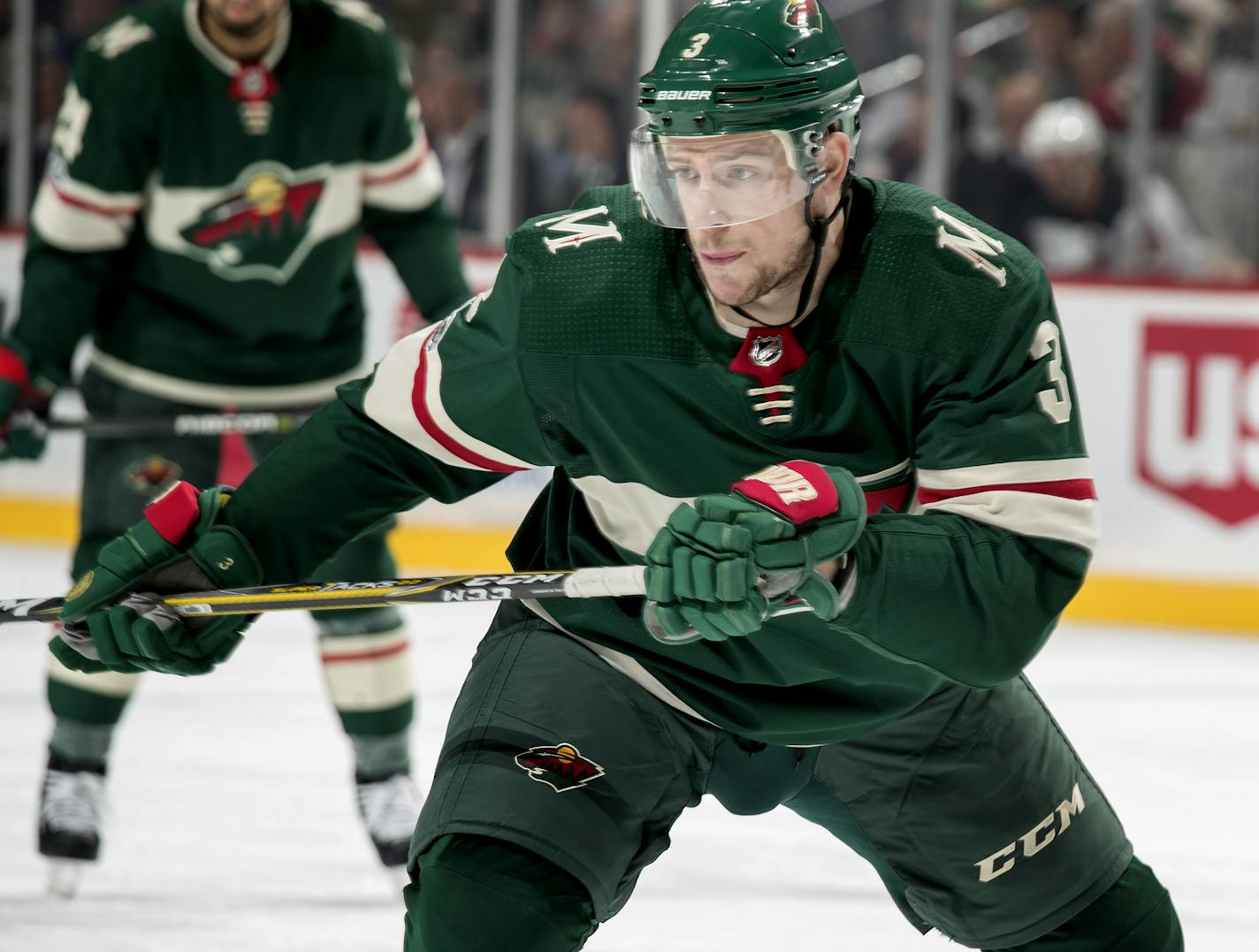 The Minnesota Wild's Charlie Coyle (3) chases the puck in the first period against the New Jersey Devils on Monday, Nov. 20, 2017, at the Xcel Energy Center in St. Paul, Minn. (Carlos Gonzalez/Minneapolis Star Tribune/TNS) ORG XMIT: 1216529