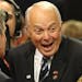 Rep. John Kline shares a laugh with Sen. Norm Coleman on the floor of the convention on Thursday.