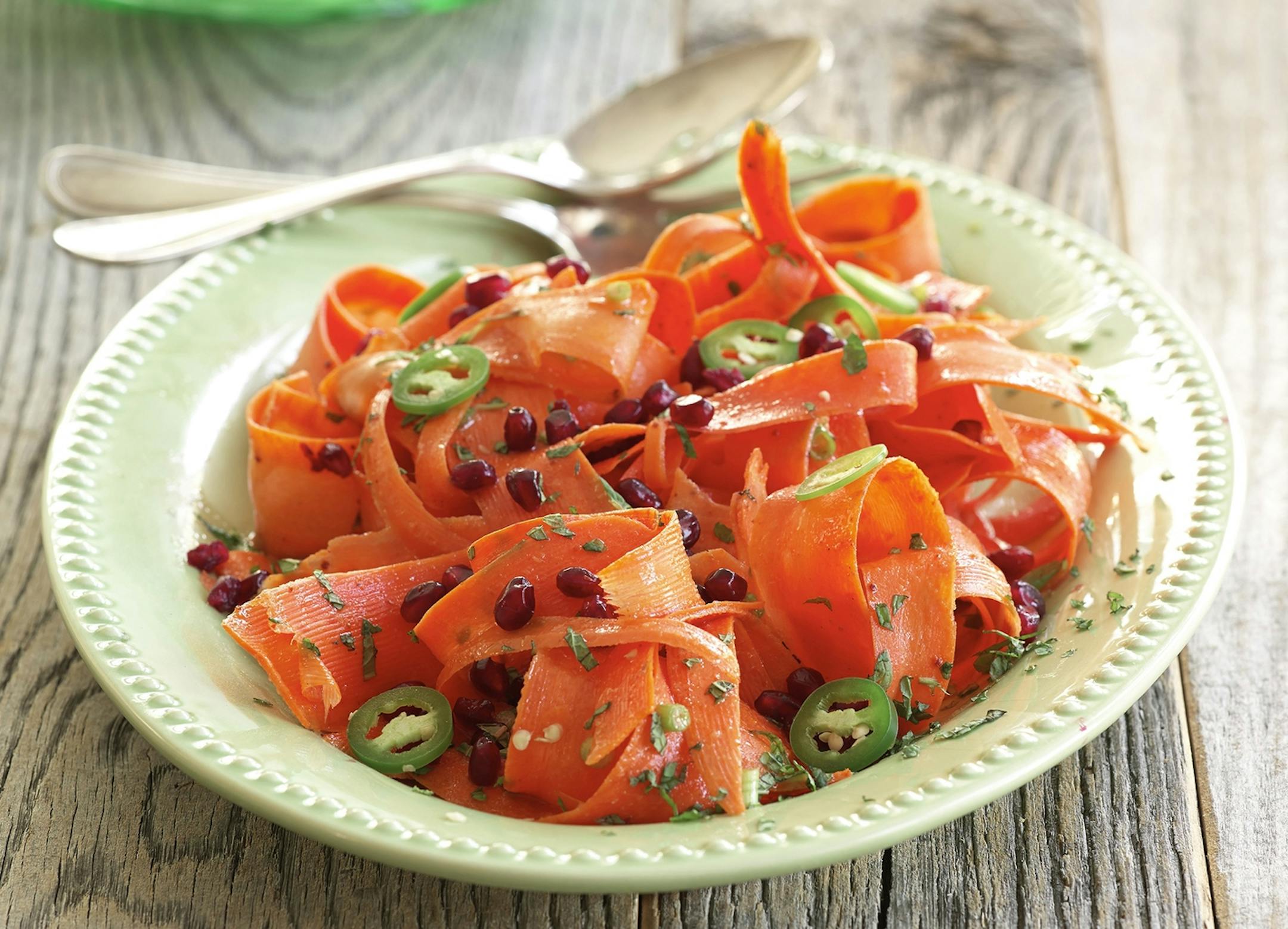 Carrot ribbons with pomegranate dressing, from "The Big Book of Sides" cookbook, by Rick Rodgers.