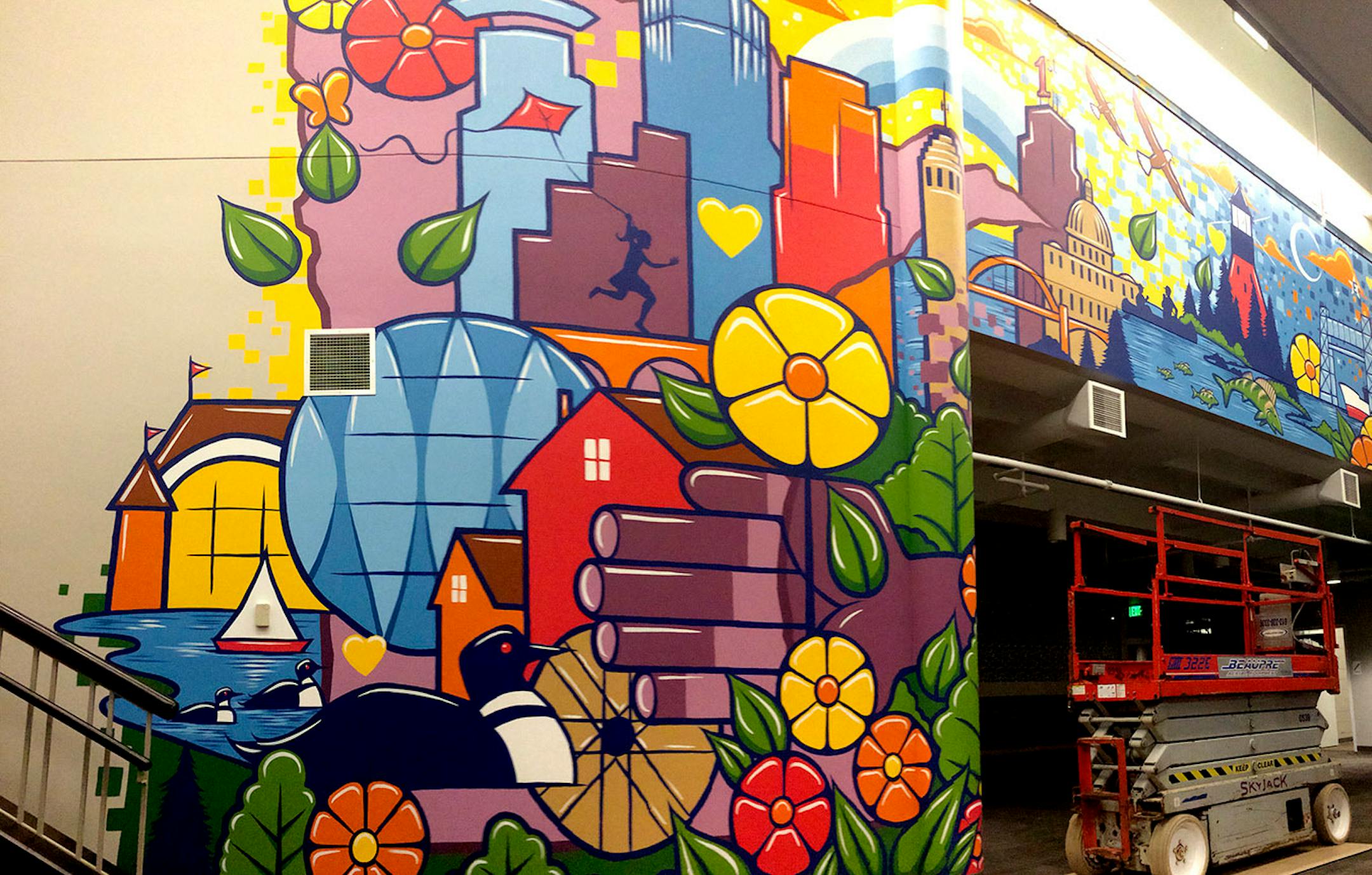 The everywhere artist, Adam Turman, His clean, dynamic murals crawl up the sides of breweries, in elementary schools, the lobby of downtown Minneapolis' hip, new hotel. He boasts T-shirts and pint glasses and posters. He's even created a jigsaw puzzle.