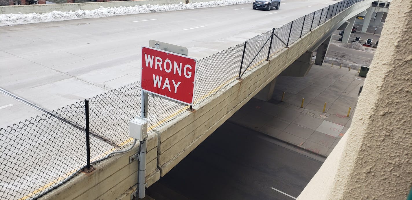 "Wrong Way" signs with flashing lights have been installed on ramps at Interstates 94/394 and N. 4th Street in downtown Minneapolis as part of a system to prevent wrong way drivers from getting on the freeway.