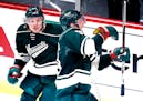Mikko Koivu (9) celebrated after scoring a goal in the third period of Game 3.