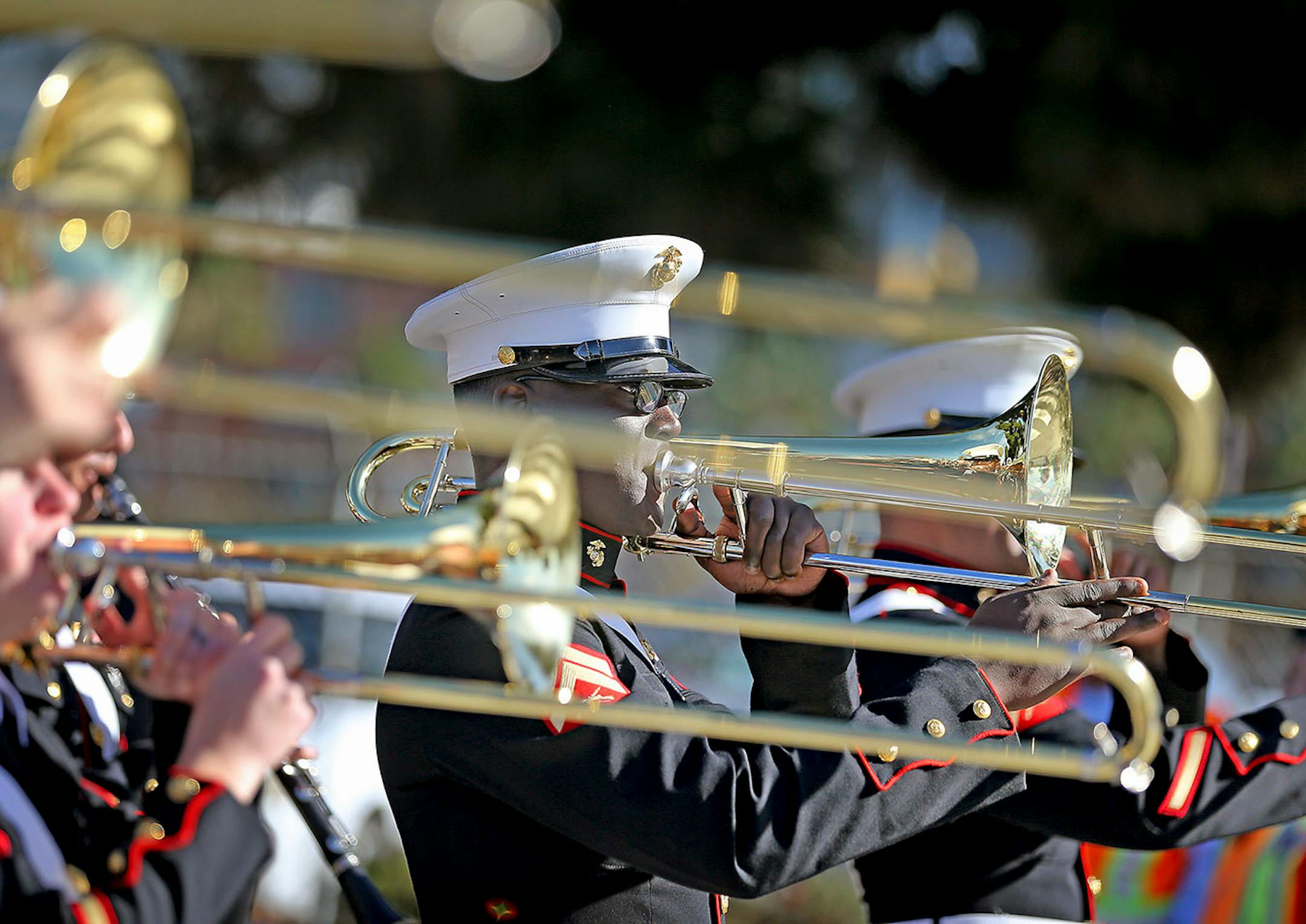 Members of the Marine Corps marching band made their way along the Port of San Diego Holiday Bowl Parade Tuesday, December 27, 2016 in San Diego, CA. The parade is known to be America's largest balloon parade.