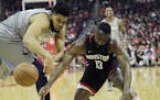 Karl-Anthony Towns, left, had only eight points Sunday in Game 1 while James Harden, a strong NBA MVP candidate, scored 44.