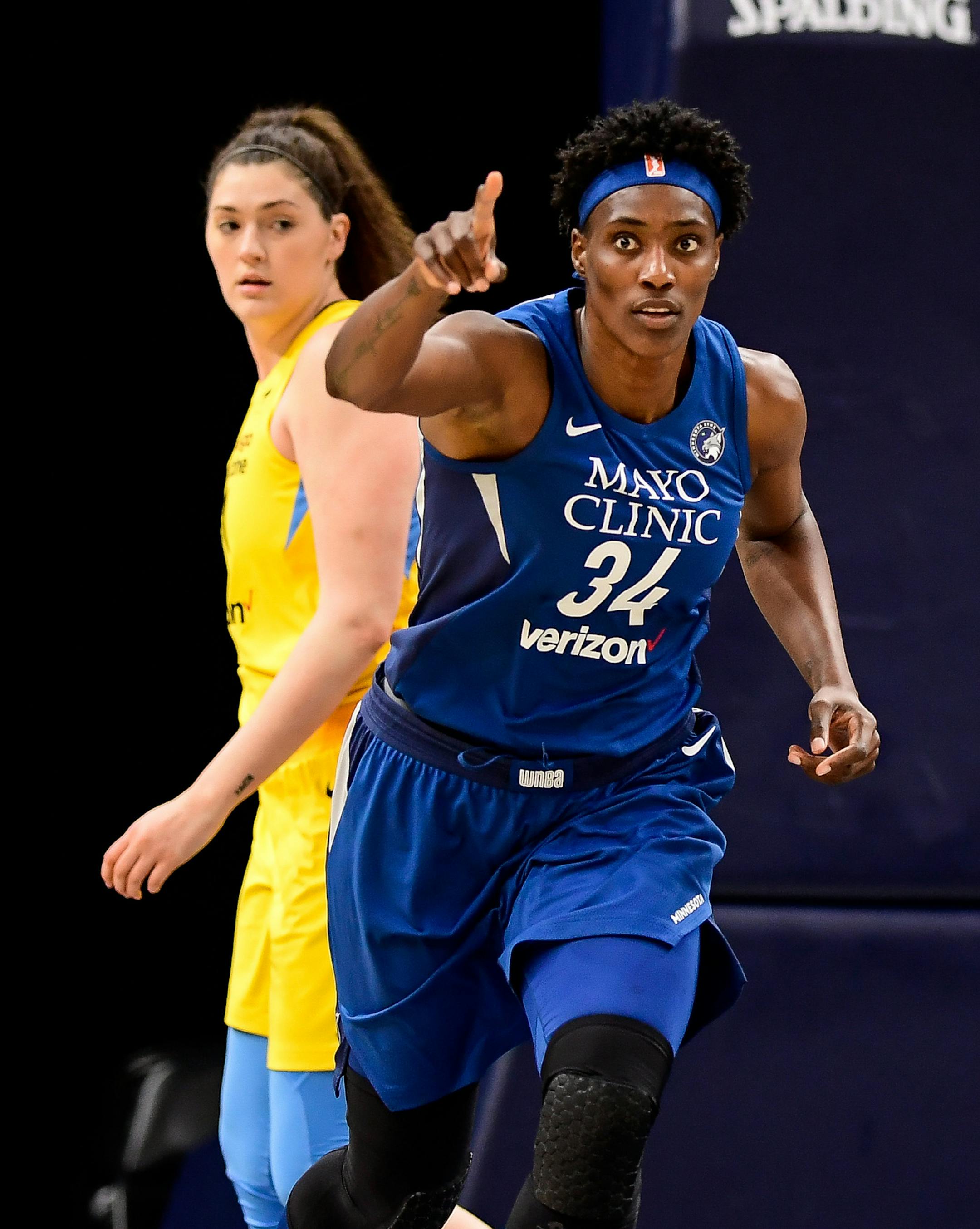 Minnesota Lynx center Sylvia Fowles (34) gestures to teammates after scoring a second-quarter layup against the Chicago Sky in a preseason game on Saturday, May 12, 2018, at Target Center in Minneapolis. The Lynx won, 87-58. (Aaron Lavinsky/Minneapolis Star Tribune/TNS)