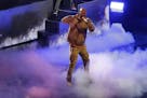 Common performs before the NBA All-Star basketball game Sunday, Feb. 16, 2020, in Chicago. (AP Photo/David Banks)