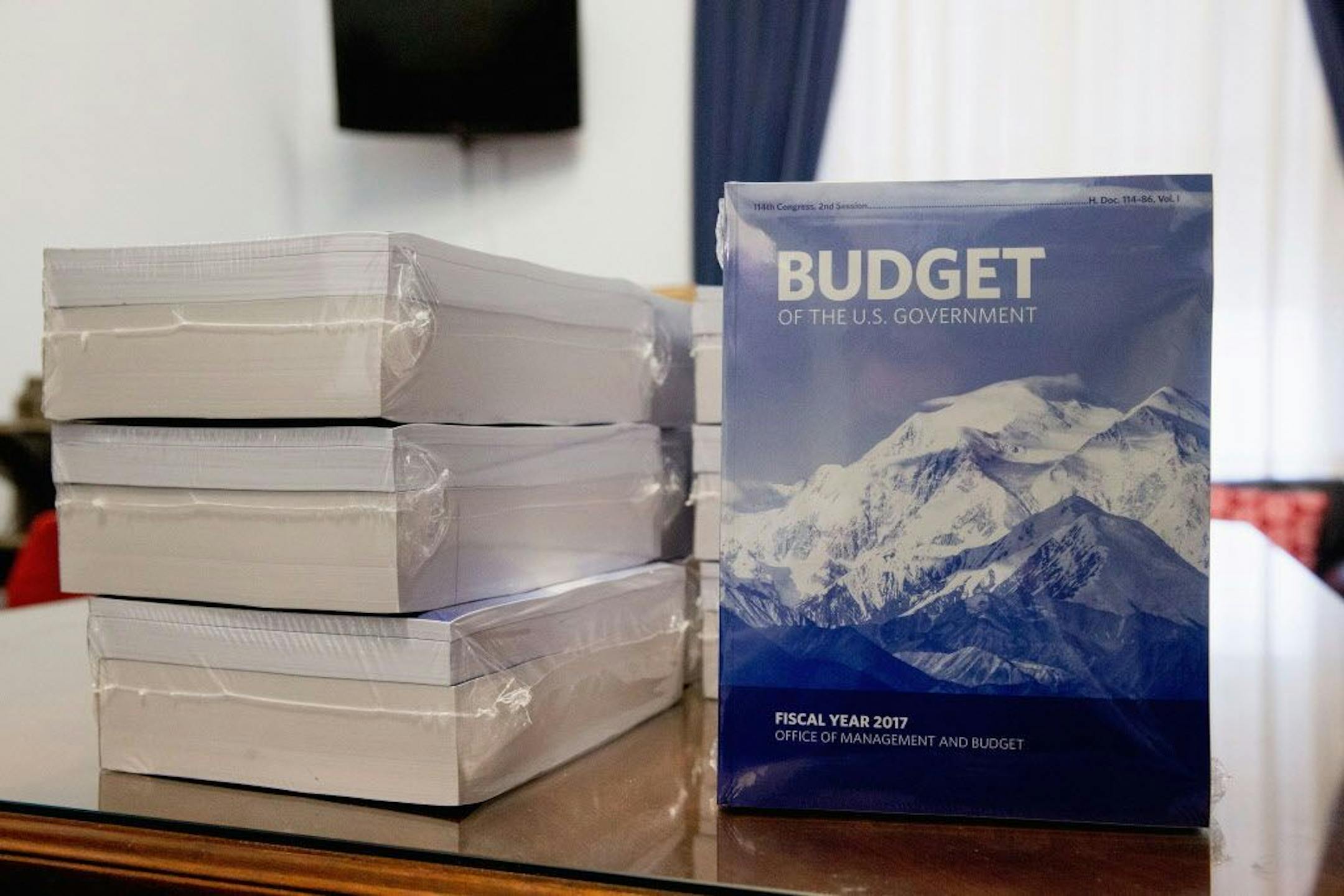 Copies of the President Barack Obama's fiscal 2017 federal budget are displayed in the House Budget Committee Room on Capitol Hill in Washington, Tuesday, Feb. 9, 2016. President Barack Obama unveiled his eighth and final budget, a $4 trillion-plus proposal that�s freighted with liberal policy initiatives and new and familiar tax hikes, sent to a dismissive Republican-controlled Congress.