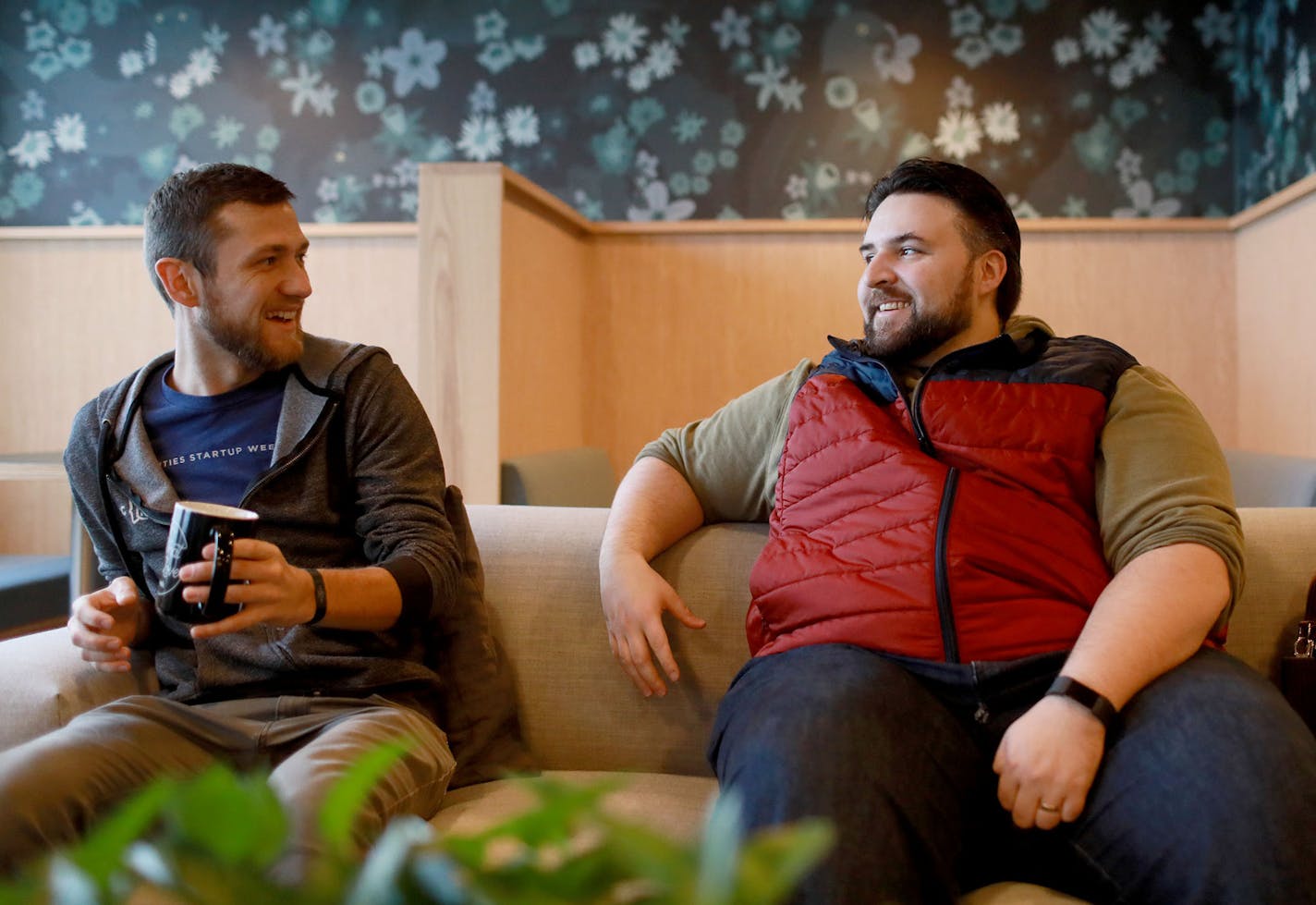 Local tech companies are so eager to find talent that they ponied up about $20 to fly in 40 people to attend Twin Cities Startup Week. Here, Dalton Scott, a recruiter for Twin Cities startups and small tech companies, left, and Corwin Harris, in from Michigan, chatted during a small gathering at the WeWork office Thursday, Oct. 11, 2018, in Minneapolis, MN.] DAVID JOLES &#xef; david.joles@startribune.com Local tech companies are so eager to find talent that they ponied up about $20 to fly in 40