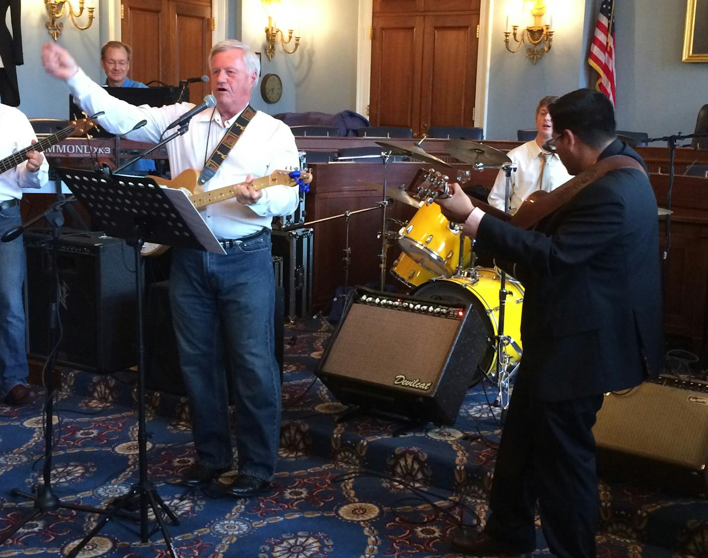 Rep. Collin Peterson with the congressional band Second Amendments at an event Tuesday, July 14, 2015.