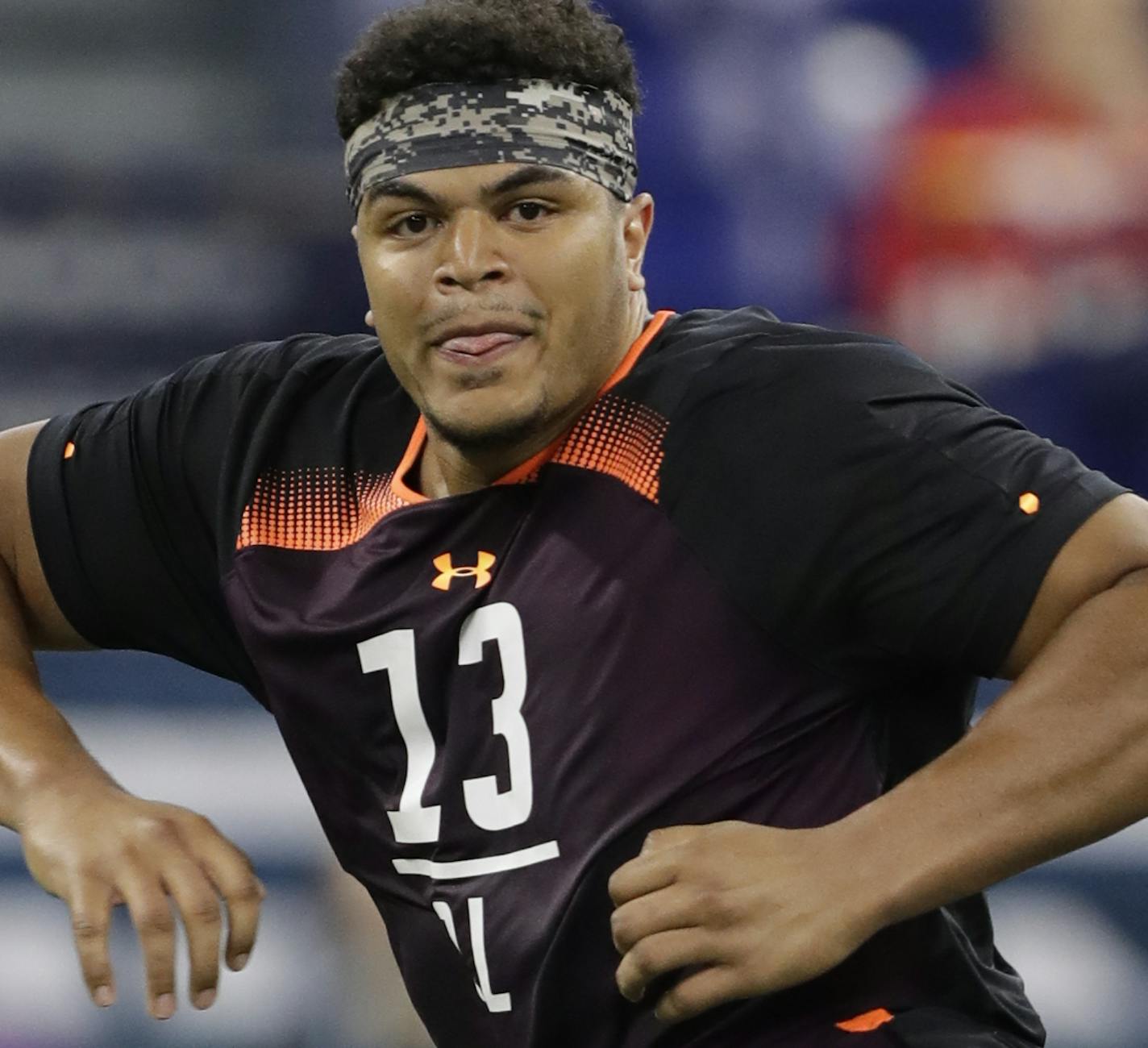 Washington State offensive lineman Andre Dillard runs a drill during the NFL football scouting combine, Friday, March 1, 2019, in Indianapolis. (AP Photo/Darron Cummings) ORG XMIT: INDC1