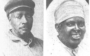 Grainy black and white headshots of Simon and Flora Boggs.