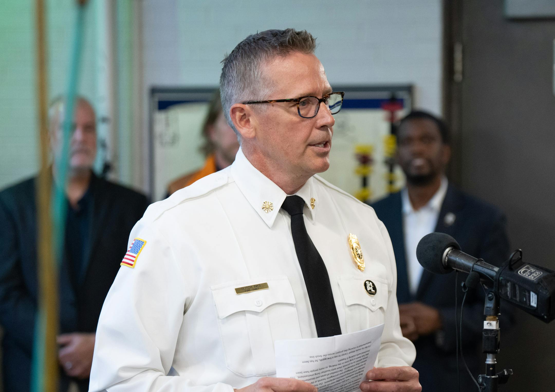 Fire Chief Butch Inks spoke at the groundbreaking ceremony for new Fire Station 7, on the corner of Ross Avenue and Earl Street on Saint Paul's East Side.