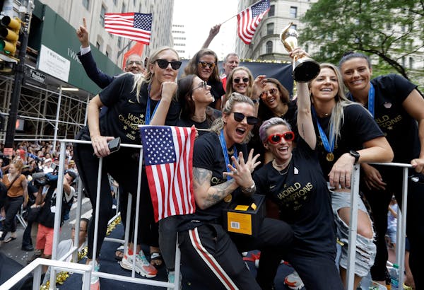The U.S. women's soccer team is celebrated with a parade along the Canyon of Heroes on Wednesday