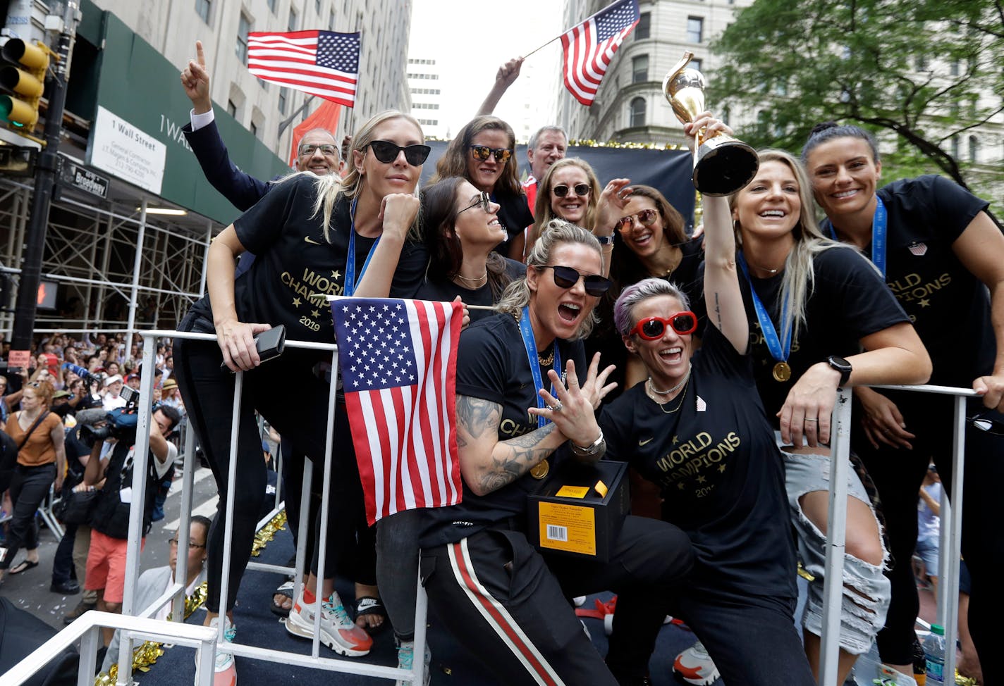 The U.S. women's soccer team is celebrated with a parade along the Canyon of Heroes on Wednesday