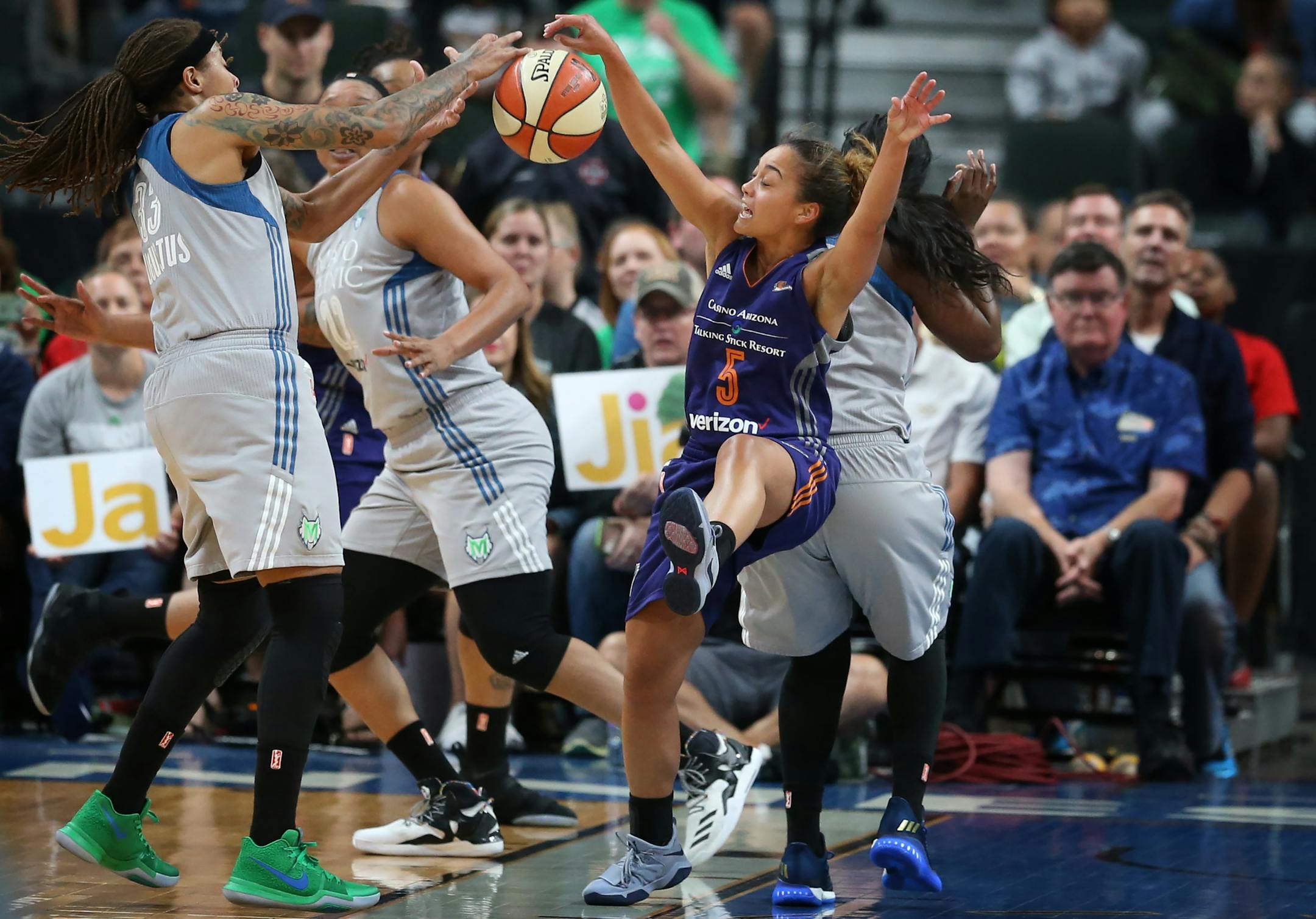 Minnesota Lynx guard Seimone Augustus (33) blocked pass attempt of Phoenix Mercury guard Leilani Mitchell (5) in the second half at Xcel Energy Center on Tuesday August 22,2017 in St. Paul,MN.