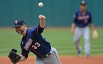 Minnesota Twins starting pitcher J.A. Happ (33) delivers in the first inning of a baseball game against the Cleveland Indians, Wednesday, April 28, 20