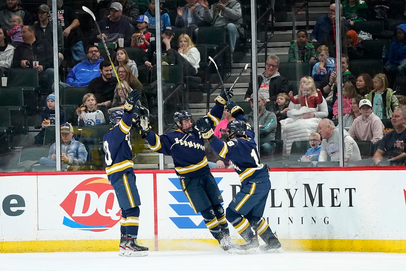 Hermantown forward Blake Biondi, center, celebrated his goal with forward Zach Kilen, left, and defenseman Joey Pierce, Hermantown's second goal of the first period. ] LEILA NAVIDI • leila.navidi@startribune.com