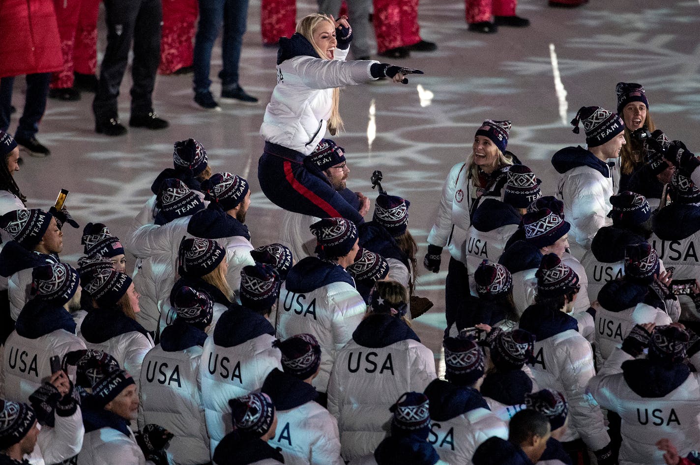 Alpine skier and Minnesota native Lindsey Vonn was carried as Team USA entered Pyeongchang Olympic Stadium during the Closing Ceremony on Sunday.