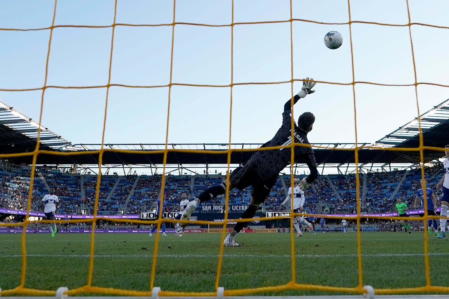 Vancouver Whitecaps goalkeeper Thomas Hasal can not make the stop on a goal by San Jose Earthquakes' Jeremy Ebobisse during the first half of an MLS soccer match in San Jose, Calif., Sunday, Sept. 4, 2022. (AP Photo/Tony Avelar)