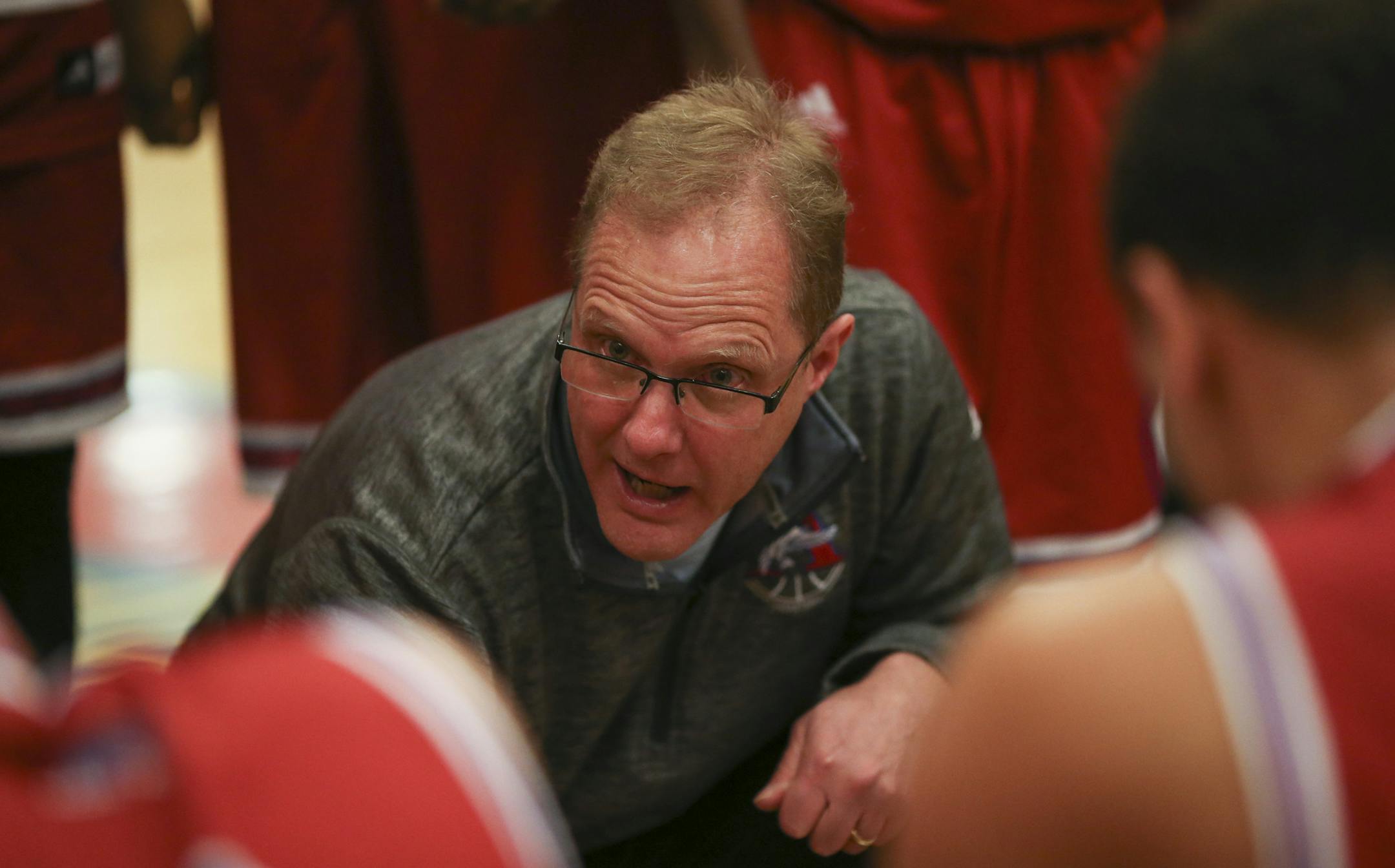 Robbinsdale Armstrong head basketball coach Greg Miller talked to his players during a second half timeout. ] JEFF WHEELER • jeff.wheeler@startribune.com Robbinsdale Armstrong High School defeated Spring Lake Park 68-34 Thursday night, February 4, 2016 at Armstrong.