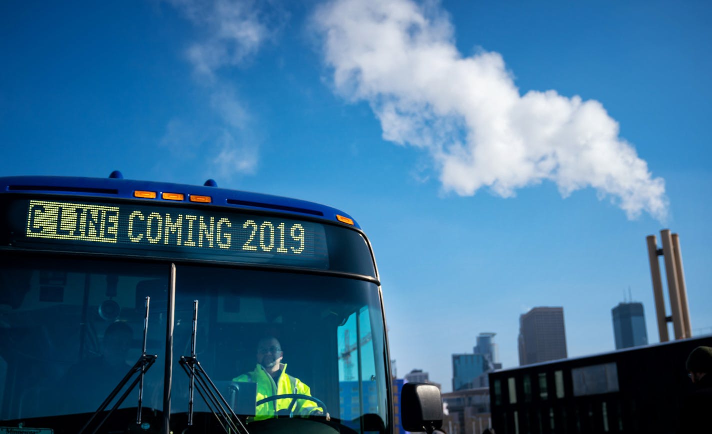 After the ceremony, people were invited to take a ride on the bus. Metro Transit unveiled its first electric bus at a ceremony including Gov. Tim Walz. The bus will be part of a fleet serving the C Line rapid bus, which will connect north Minneapolis to downtown. ] GLEN STUBBE &#x2022; glen.stubbe@startribune.com Thursday, February 21, 2019 Metro Transit unveiled its first electric bus at a ceremony including Gov. Tim Walz. The bus will be part of a fleet serving the C Line rapid bus, which will