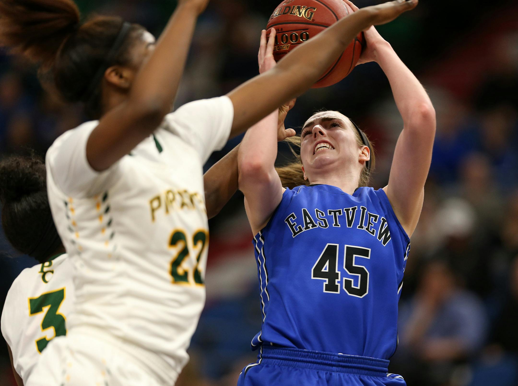 Eastview's Megan Walstad (45) went up with the ball against Park Center's Mikayla Hayes (22) and Sommer Blakemore (3) in the second half. ] ANTHONY SOUFFLE ï anthony.souffle@startribune.com Players competed during the girls' basketball state tournament Class 4A quarterfinal games Tuesday, March 14, 2017 at the Target Center in Minneapolis.