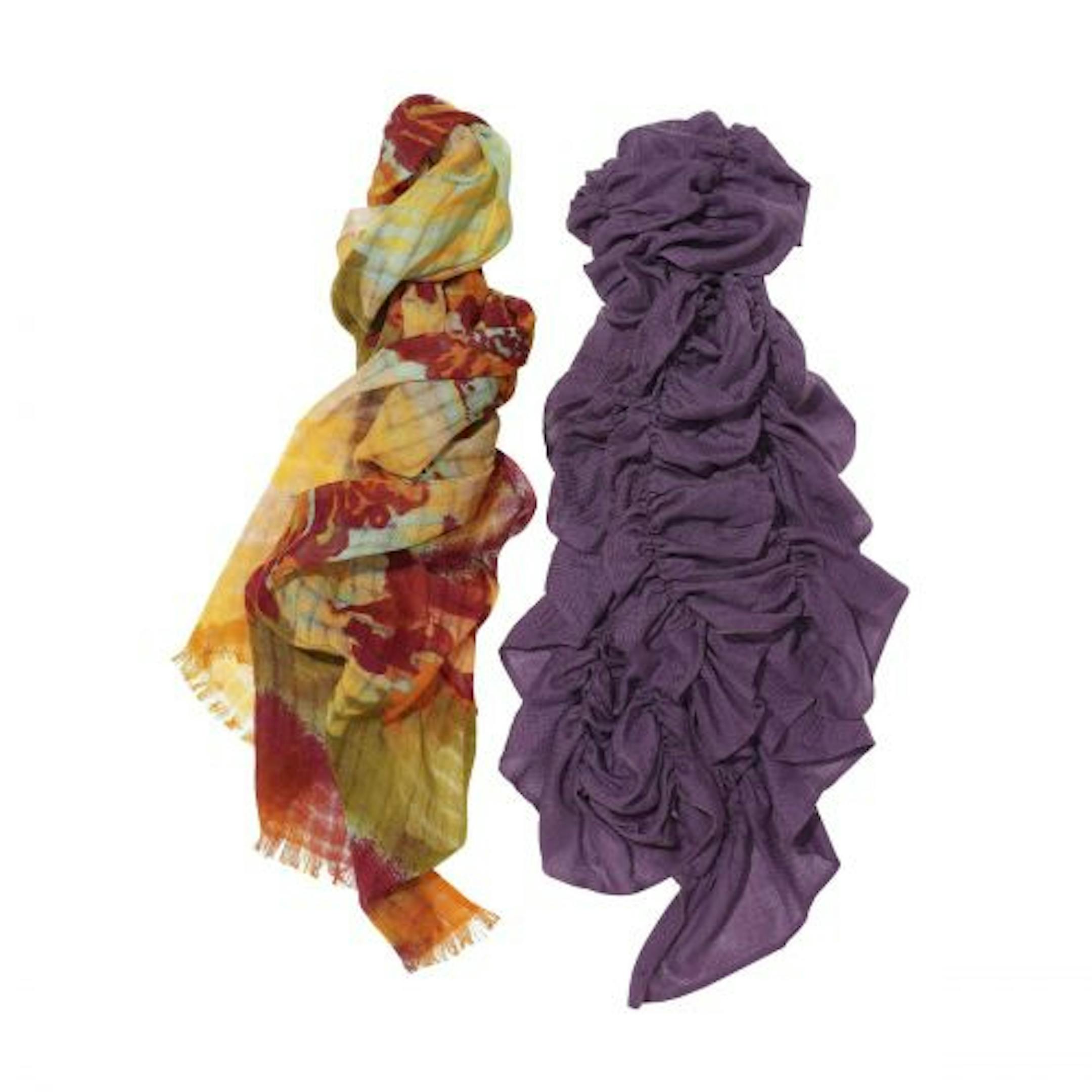 Printed and ruched scarves by Hollywood Intuition, $17 each, available at Target stores and www.target.com.
