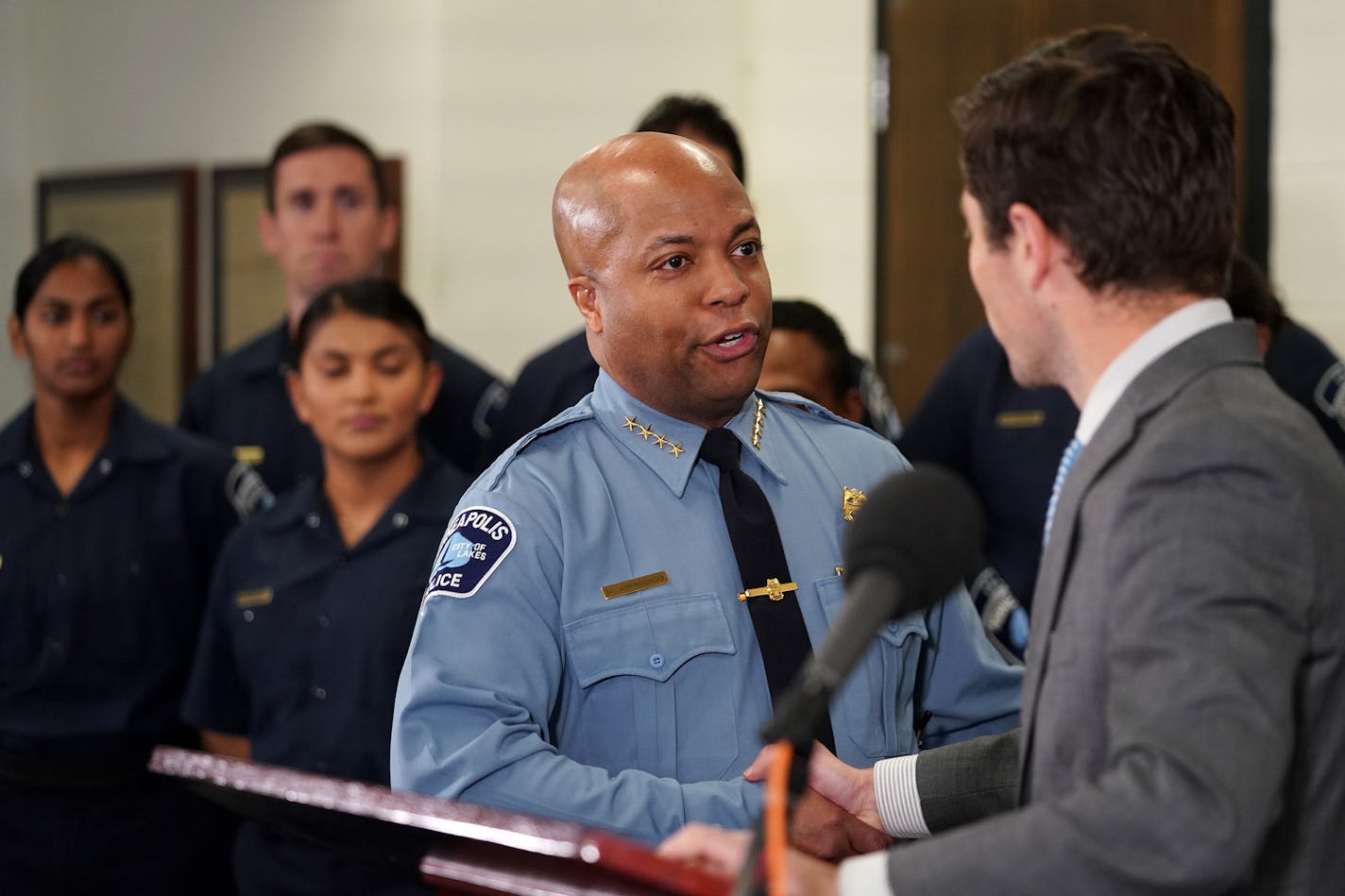 Police Chief Medaria Arradondo thanked Mayor Jacob Frey after announcing he has appointed Arradondo to another term. ] ANTHONY SOUFFLE &#xef; anthony.souffle@startribune.com Mayor Jacob Frey held a news conference to announce that he has appointed Police Chief Medaria Arradondo for another term Thursday, Nov. 1, 2018 at the Minneapolis Police Department's Special Ops Center in north Minneapolis.