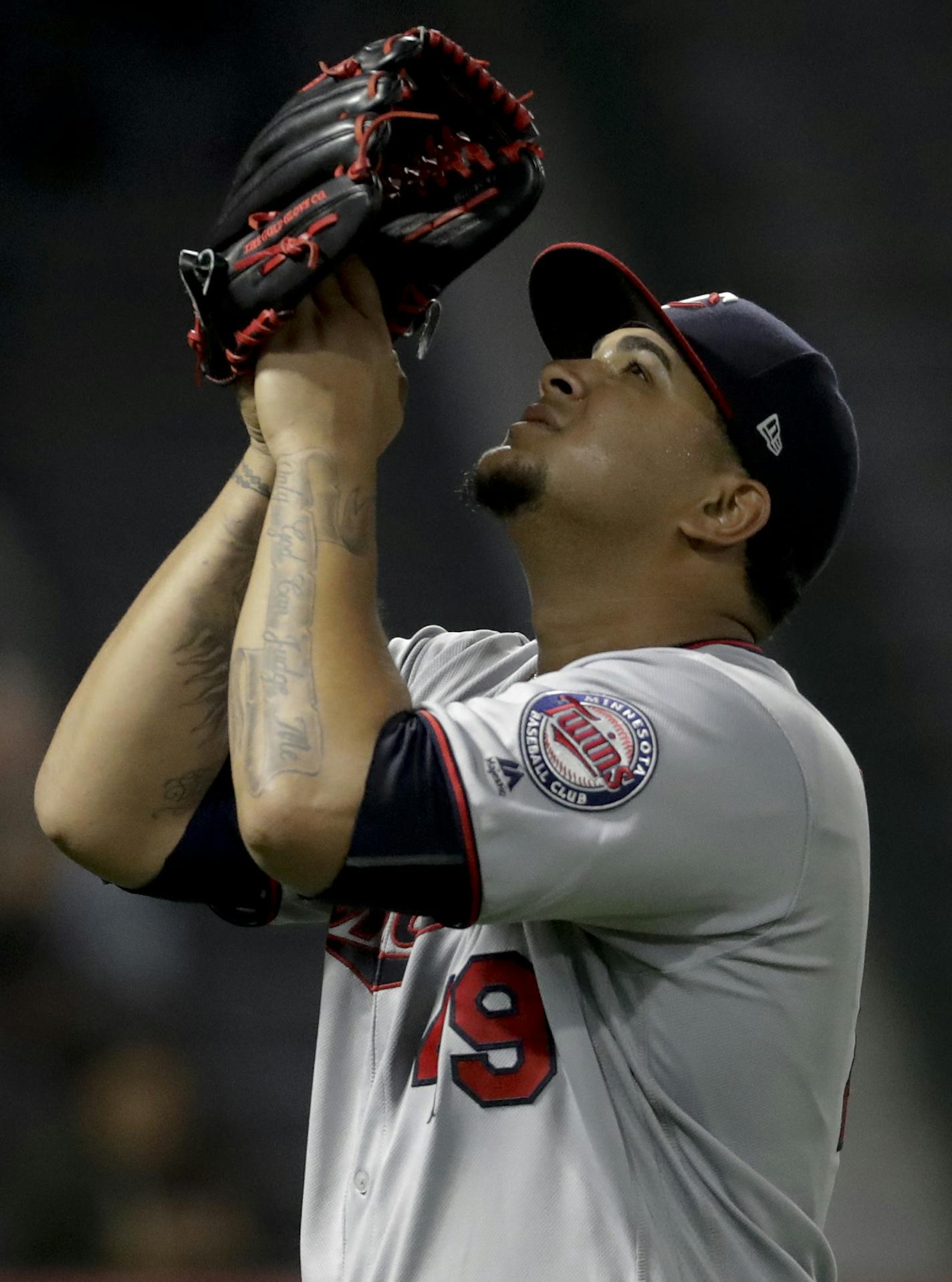 Minnesota Twins starting pitcher Adalberto Mejia gestures after being taken out of the baseball game against the Los Angeles Angels during the seventh inning in Anaheim, Calif., Thursday, June 1, 2017. (AP Photo/Chris Carlson)