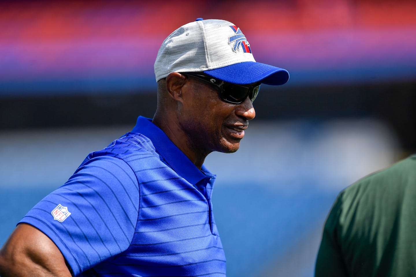 FILE - Buffalo Bills defensive coordinator Leslie Frazier is shown on the field before a preseason NFL football game against the Green Bay Packers in Orchard Park, N.Y., in this Saturday, Aug. 28, 2021, file photo. Washington Football Team's game at the Buffalo Bills on Sunday, Sept. 26 will feature a reunion of coaching colleagues. Washington coach Ron Rivera, Bills coach Sean McDermott and defensive coordinator Leslie Frazier all worked on Andy Reid's first staff with the Philadelphia Eagles in 1999.(AP Photo/Adrian Kraus, File)