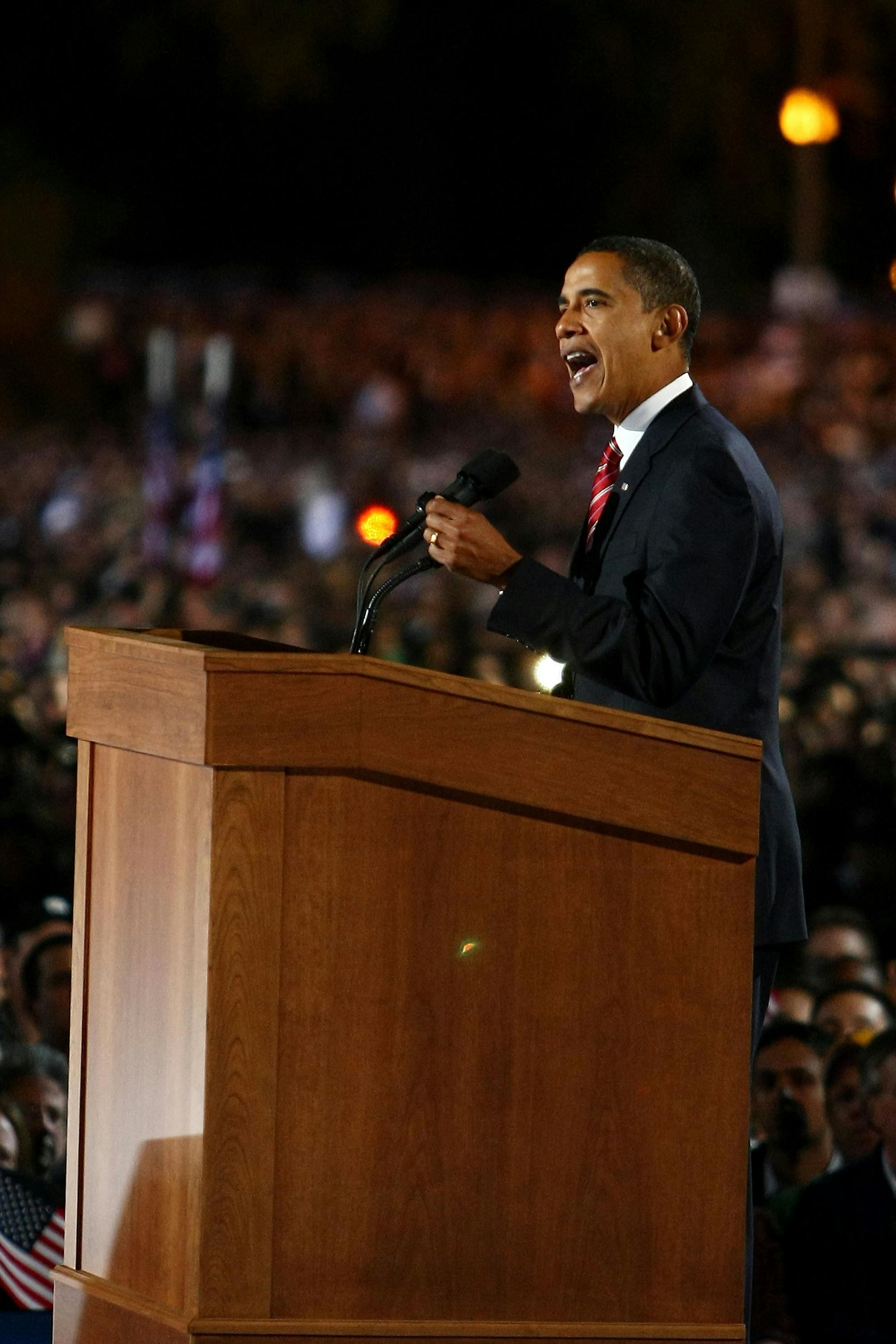 CHICAGO - NOVEMBER 04: U.S. President elect Barack Obama gives his victory speech to supporters during an election night gathering in Grant Park on November 4, 2008 in Chicago, Illinois. Obama defeated Republican nominee Sen. John McCain (R-AZ) by a wide margin in the election to become the first African-American U.S. President elect.
