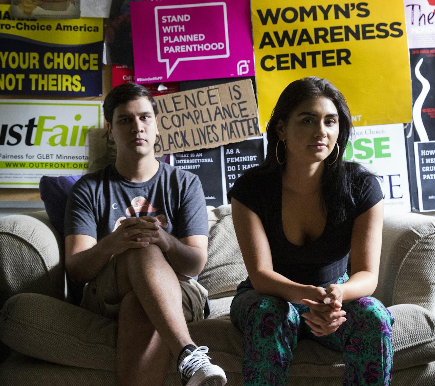 Ryan Ragoonanan, left, the co-president of the Womyn's Awareness Center (WAC), and Esrea Perez, a member of WAC pose for a photo at the Campus Center of Gustavus Adolphus College. ] (Leila Navidi/Star Tribune) leila.navidi@startribune.com BACKGROUND INFORMATION: The Womyn's Awareness Center at the Campus Center at Gustavus Adolphus College in St. Peter on Wednesday, September 21, 2016. The stirrings of outrage over campus sexual assault have hit Gustavus Adolphus College and St. Olaf College in