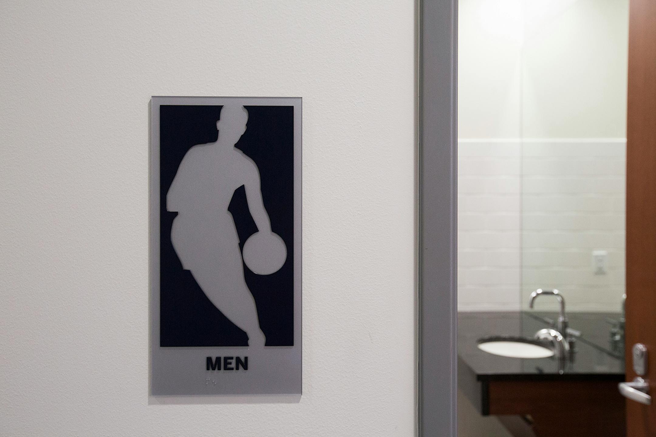 A sign for the men's bathroom at Timberwolves and Lynx Courts at Mayo Clinic Square in downtown Minneapolis on Wednesday, June 17, 2015.