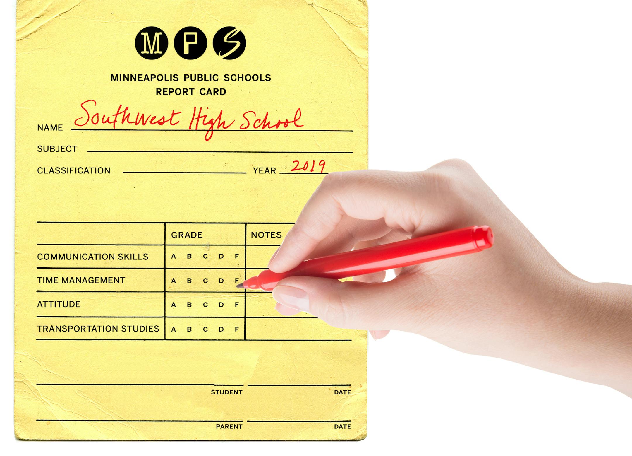 Grunge high school report card from the 80's. Show wear and tear.
