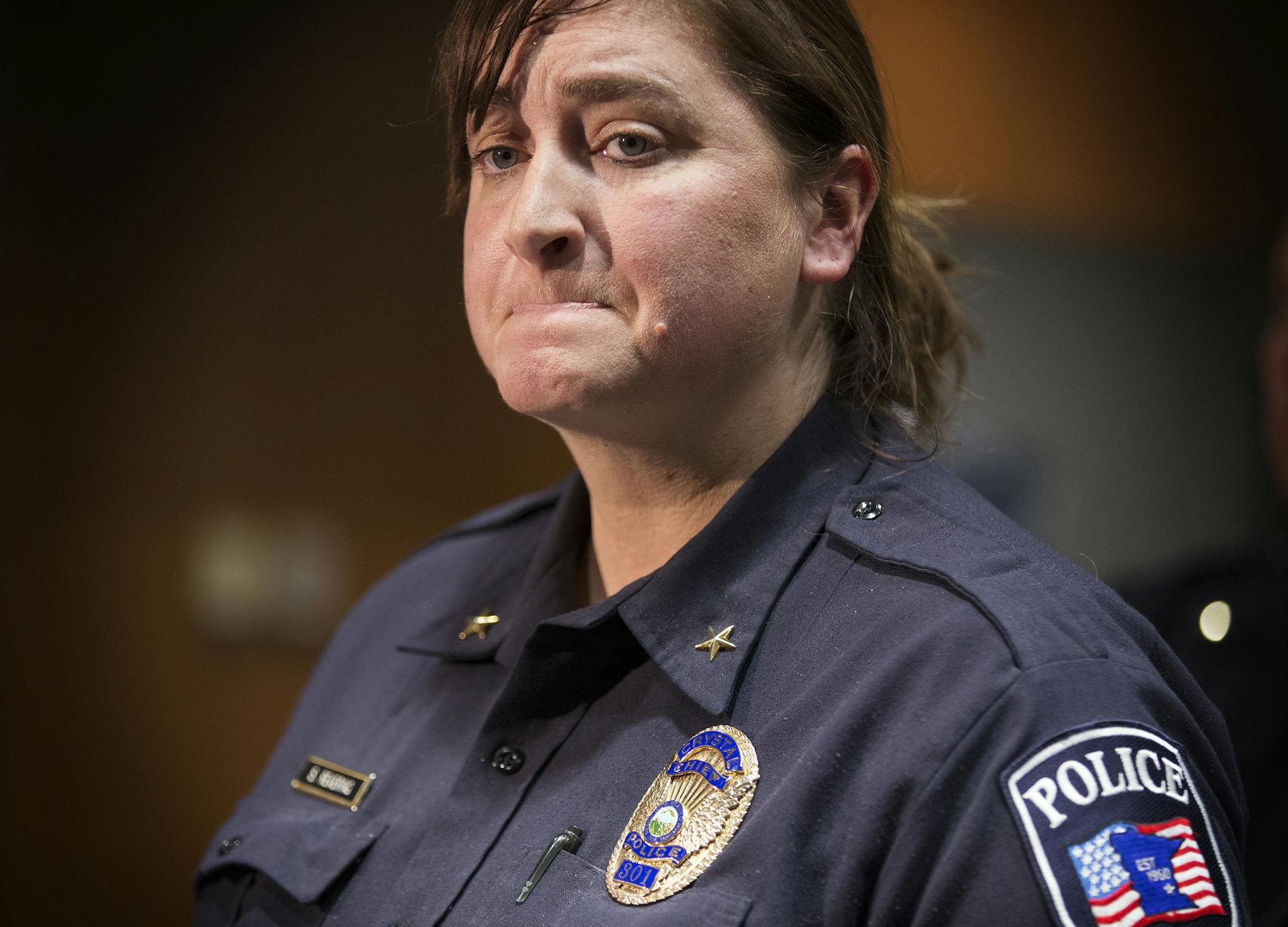 Crystal Police Chief Stephanie Revering addresses the media during a press conference regarding the disappearance of 10-year-old Barway Collins at the Crystal Police Department on Thursday, March 26, 2015. ] LEILA NAVIDI leila.navidi@startribune.com /